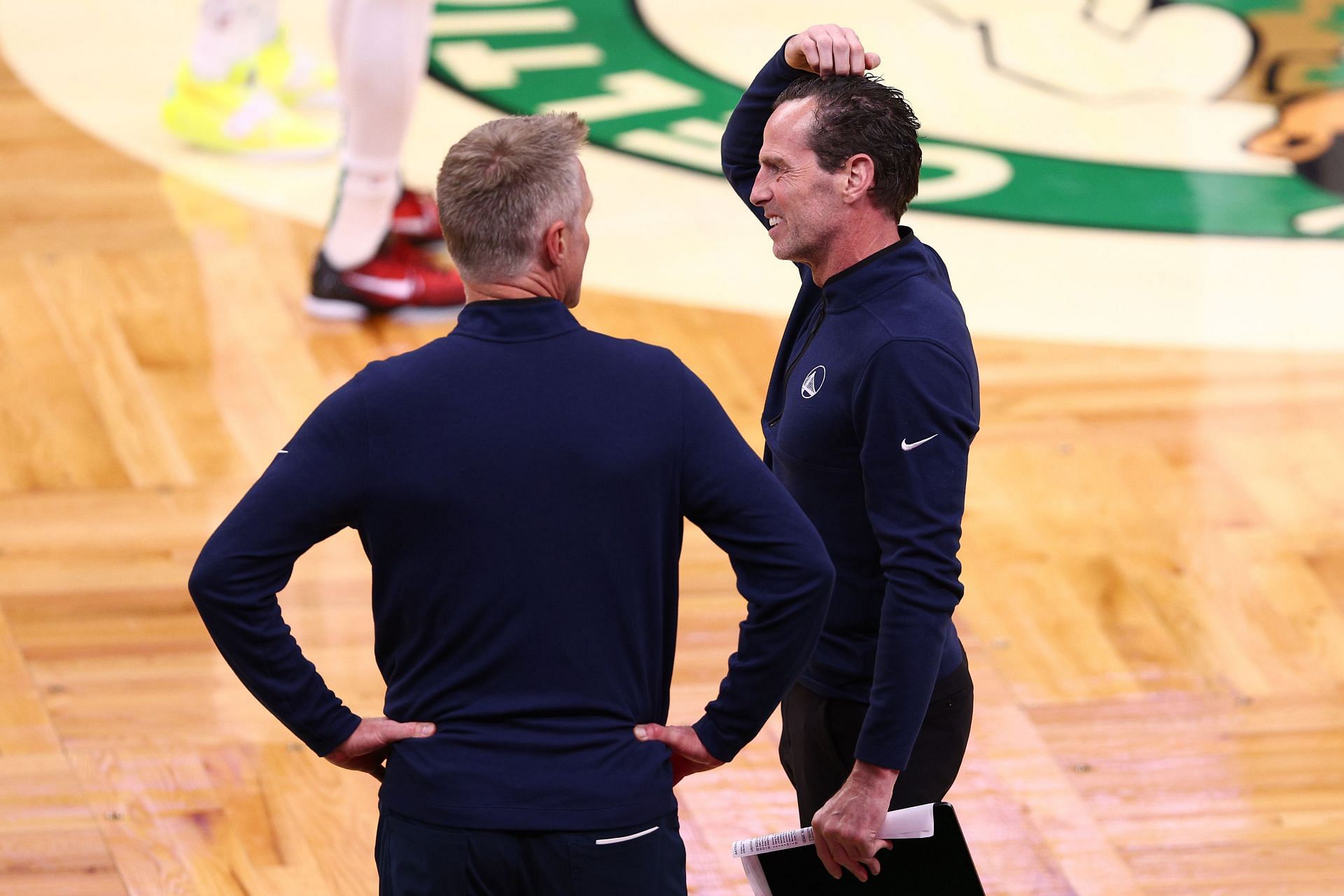 Golden State Warriors head coach Steve Kerr and assistant Kenny Atkinson