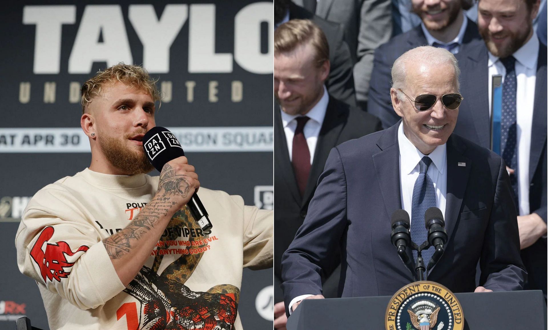 YouTuber-turned-boxer Jake Paul (L) has taken aim at United States President Joe Biden (R).