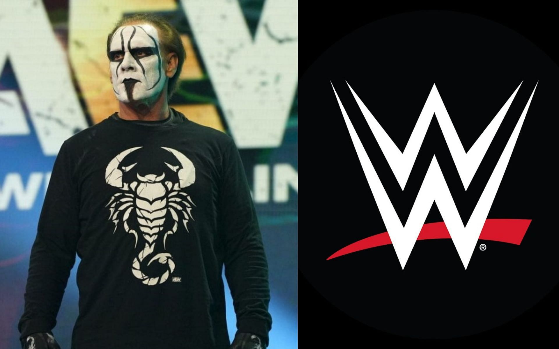 AEW star Sting (left) and WWE logo (right)