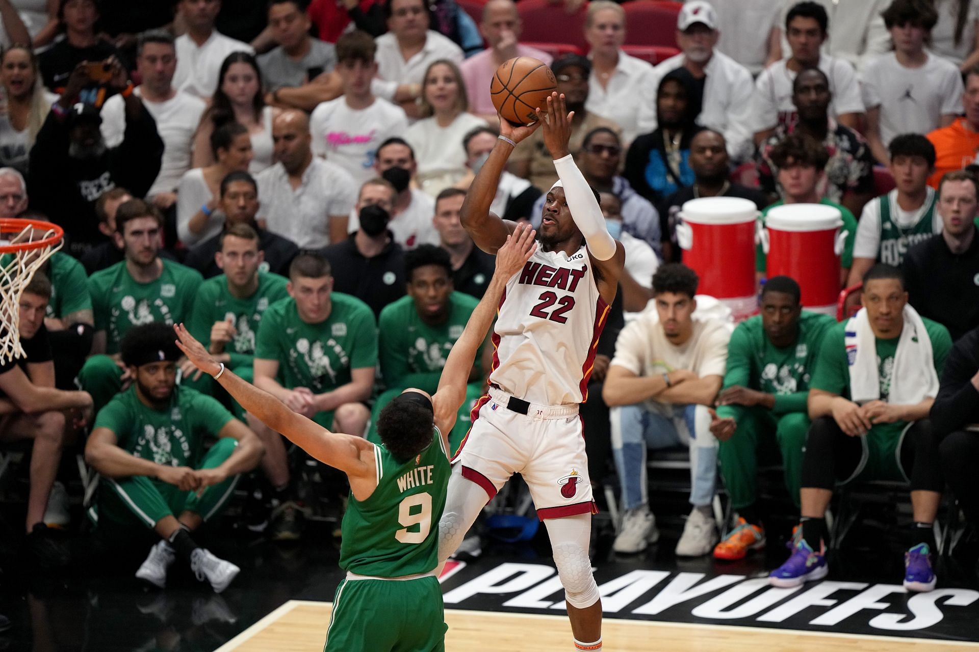 Jimmy Butler shoots the ball during Game 7 of the Boston Celtics v Miami Heat series 