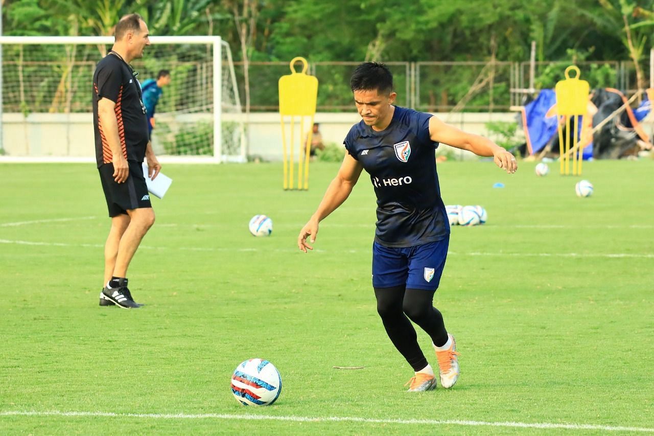 Sunil Chhetri training ahead of India&#039;s AFC Asian Cup Qualifier matches. (Image Courtesy: AIFF)