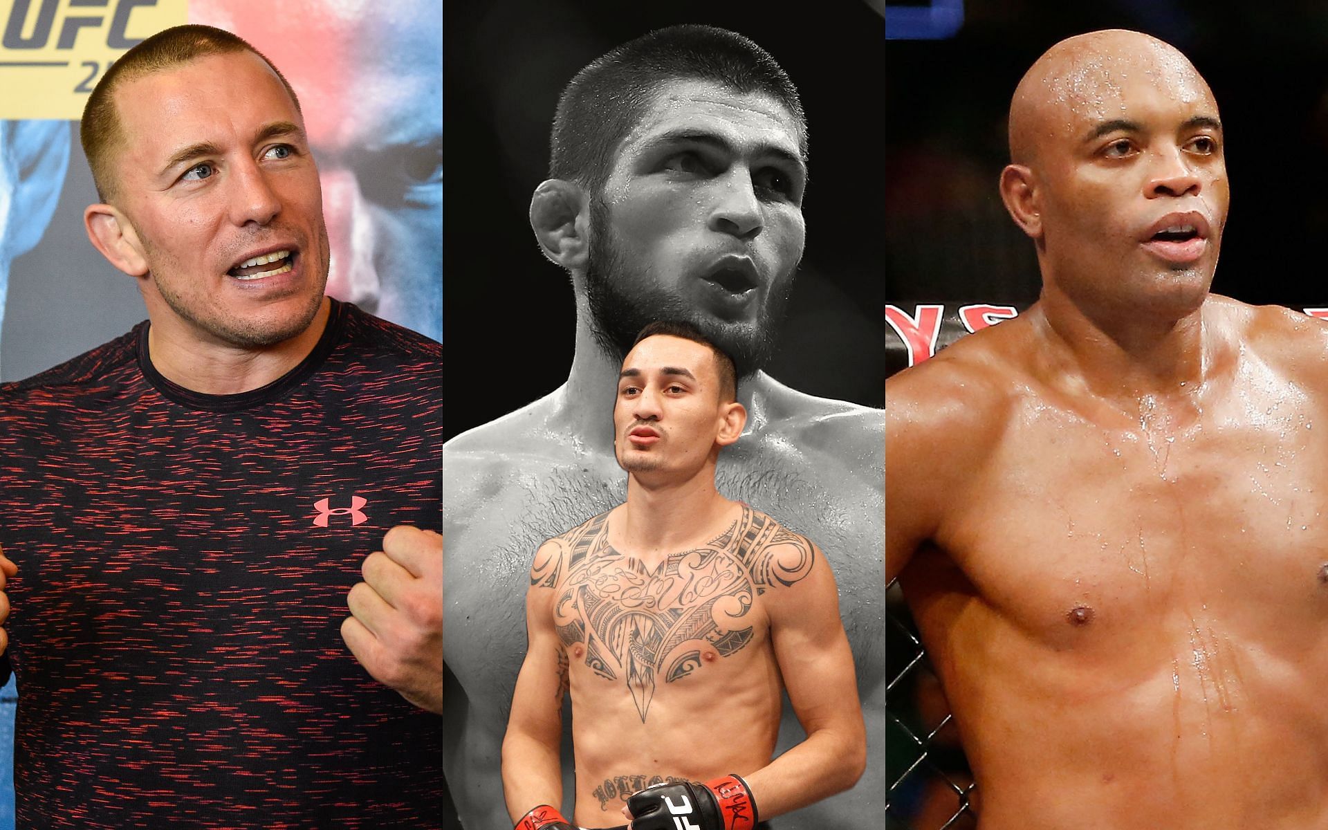 Georges St-Pierre (left), Khabib Nurmagomedov (center), Anderson Silva (right) and Max Holloway (front) (Images via Getty)