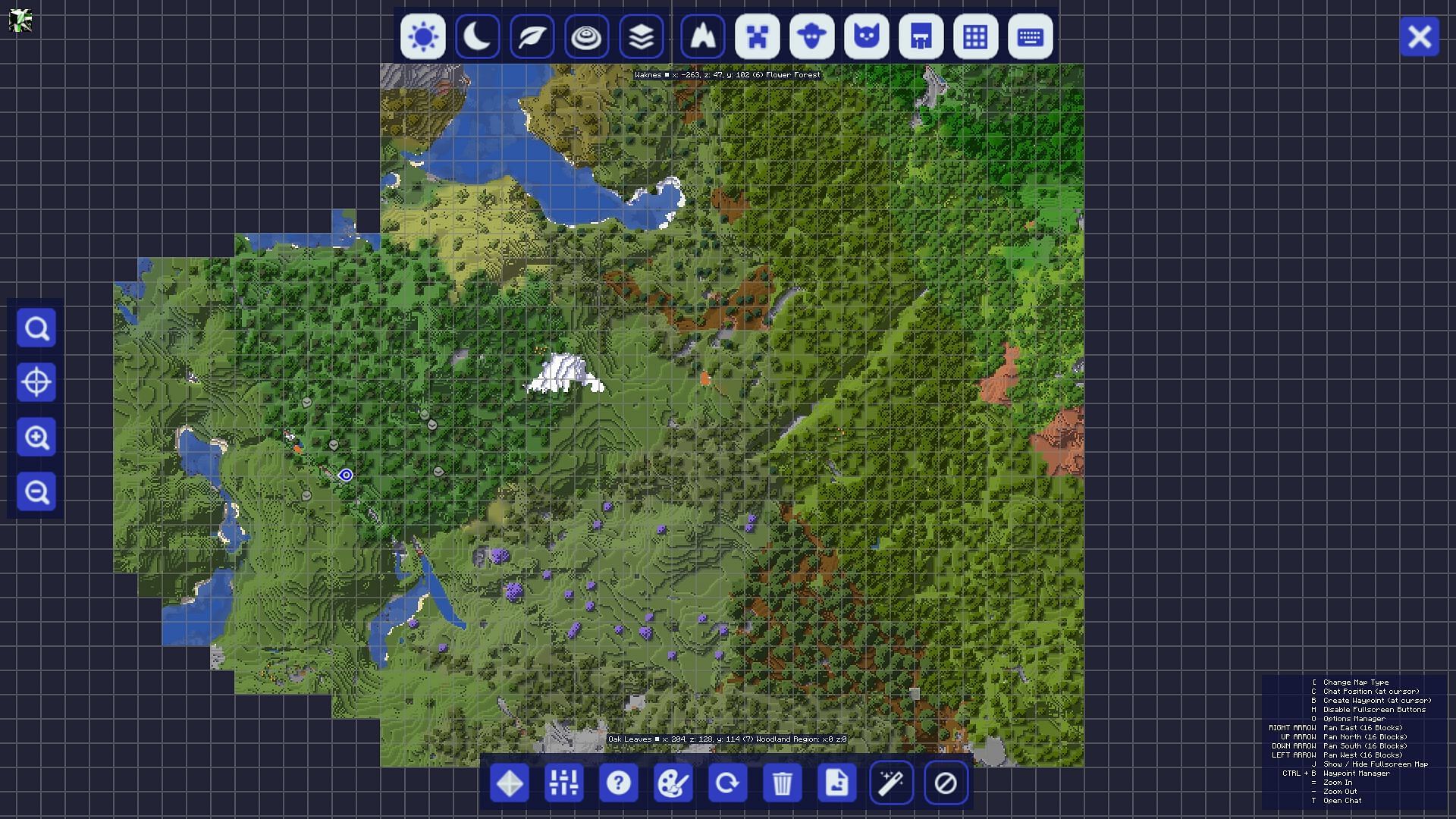 A player looking at the full size JourneyMap map (Image via Minecraft)