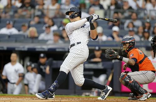 Aaron Judge bats during Houston Astros v New York Yankees game.