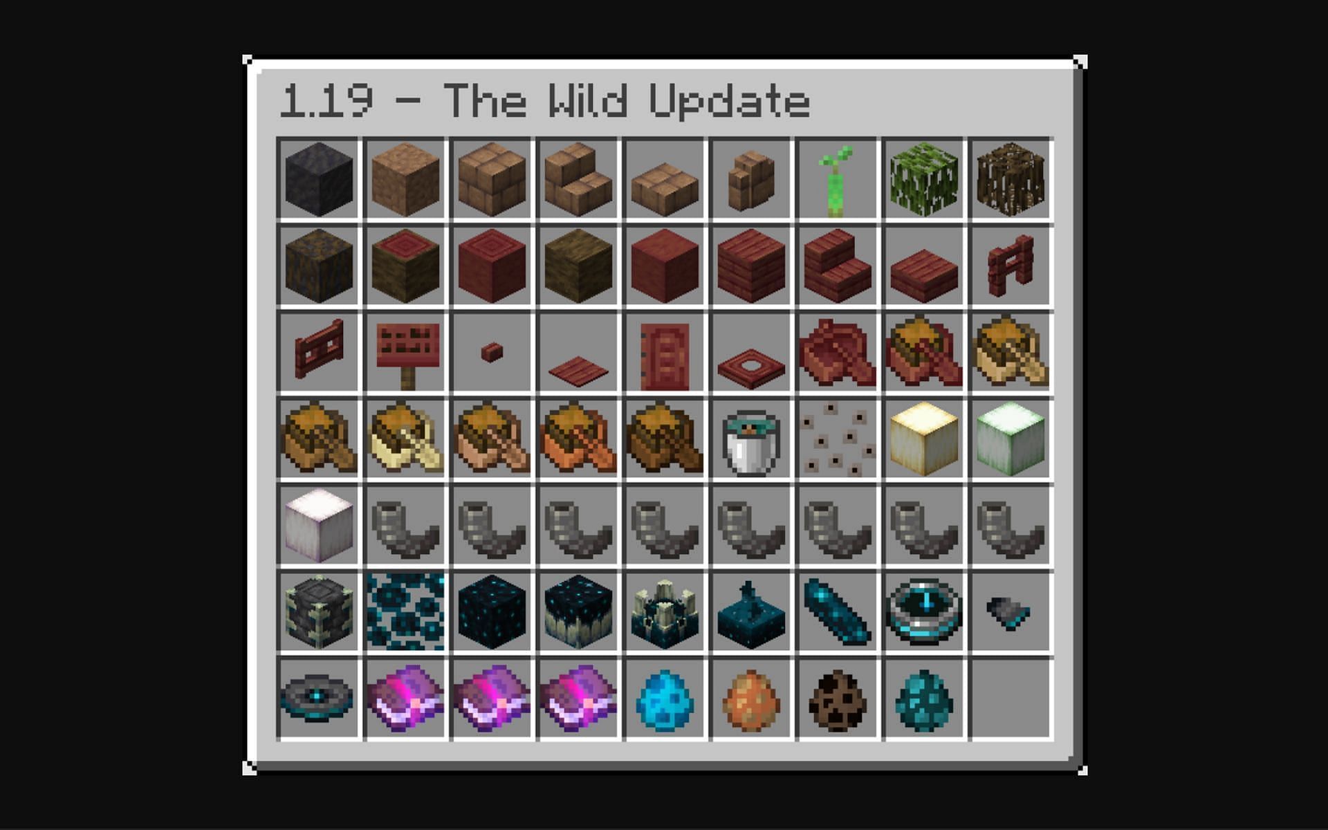 A graphic displaying all the new items and blocks in Minecraft 1.19 (Image via u/RedAdventurer11 on Reddit)