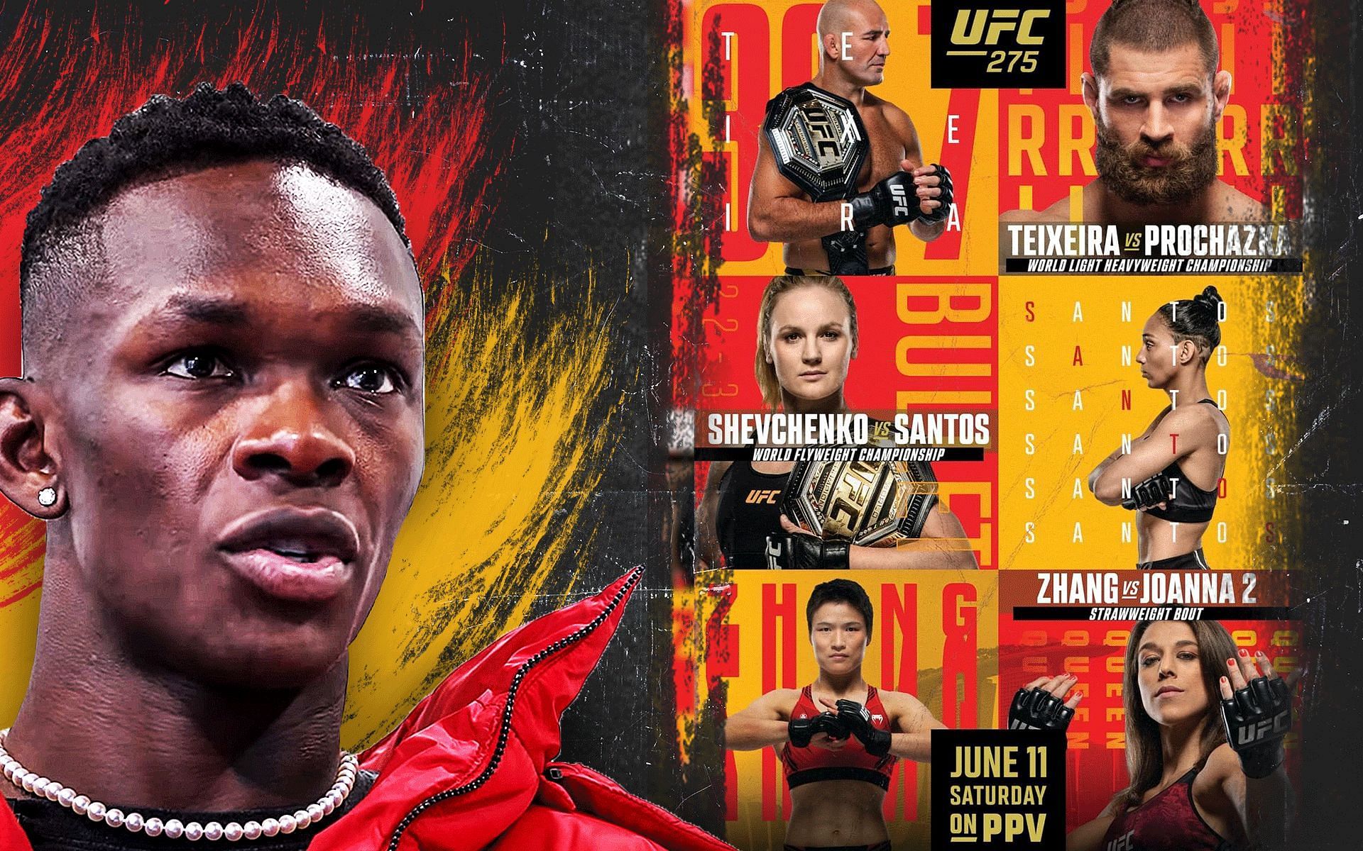 Israel Adesanya predicts UFC 275 main event and other big fights [Adesanya image via FREESTYLEBENDER on YouTube; UFC 275 poster via @ufc on Instagram]