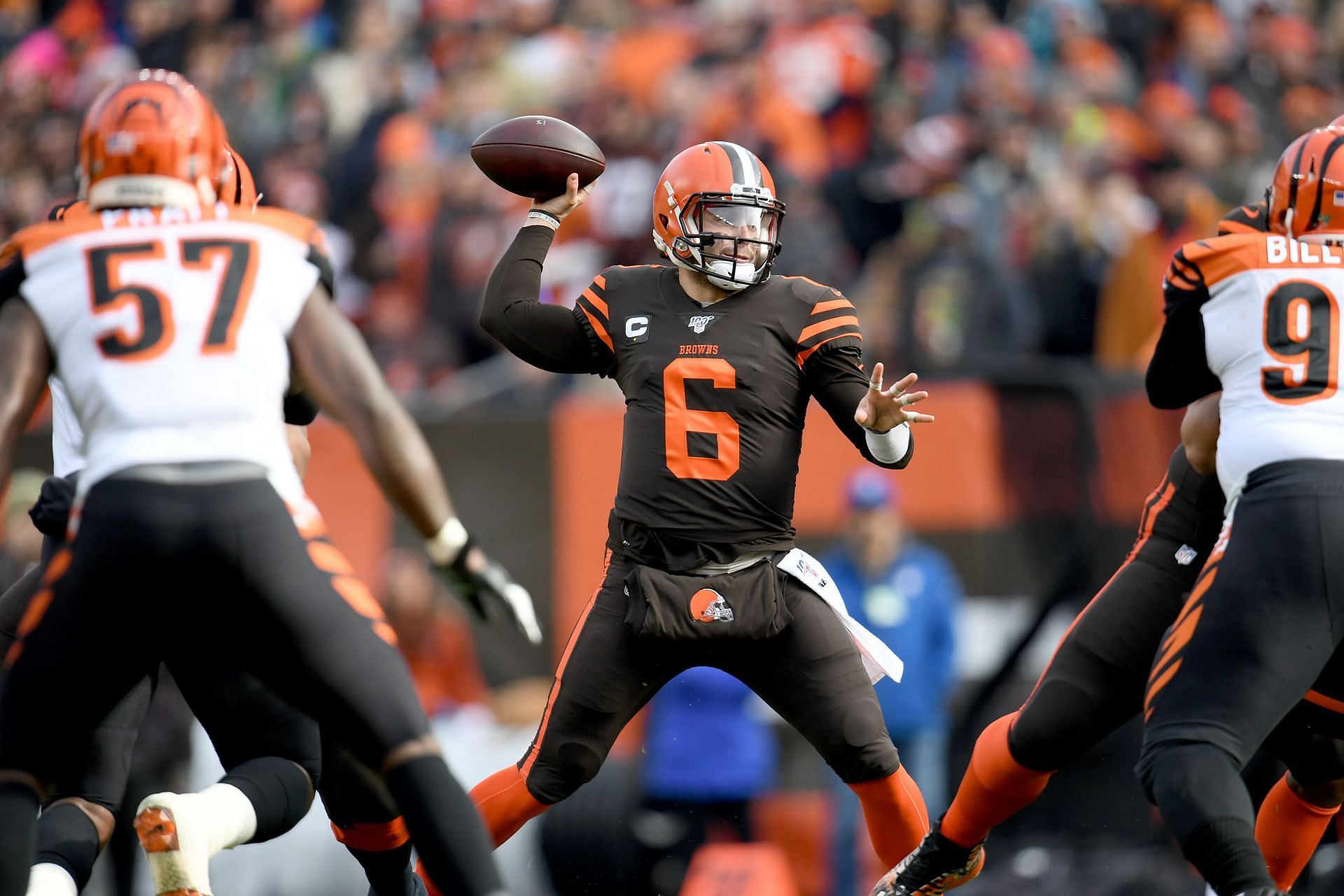 Cleveland Browns quarterback Baker Mayfield pulls back to pass