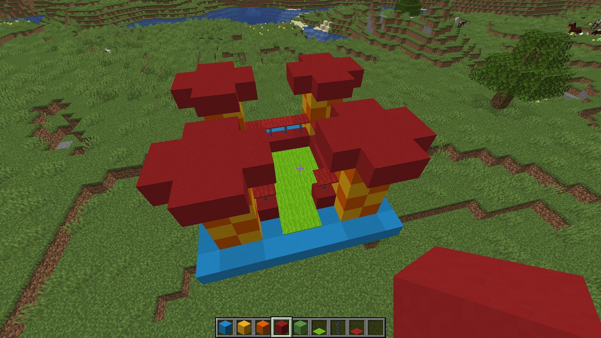 The top of the chessboard pillars added to the bouncy house (Image via Minecraft)