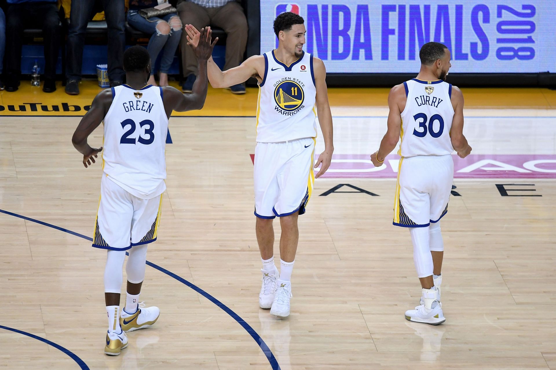 Draymond Green, Klay Thompson and Steph Curry of the Golden State Warriors in the 2018 NBA Finals