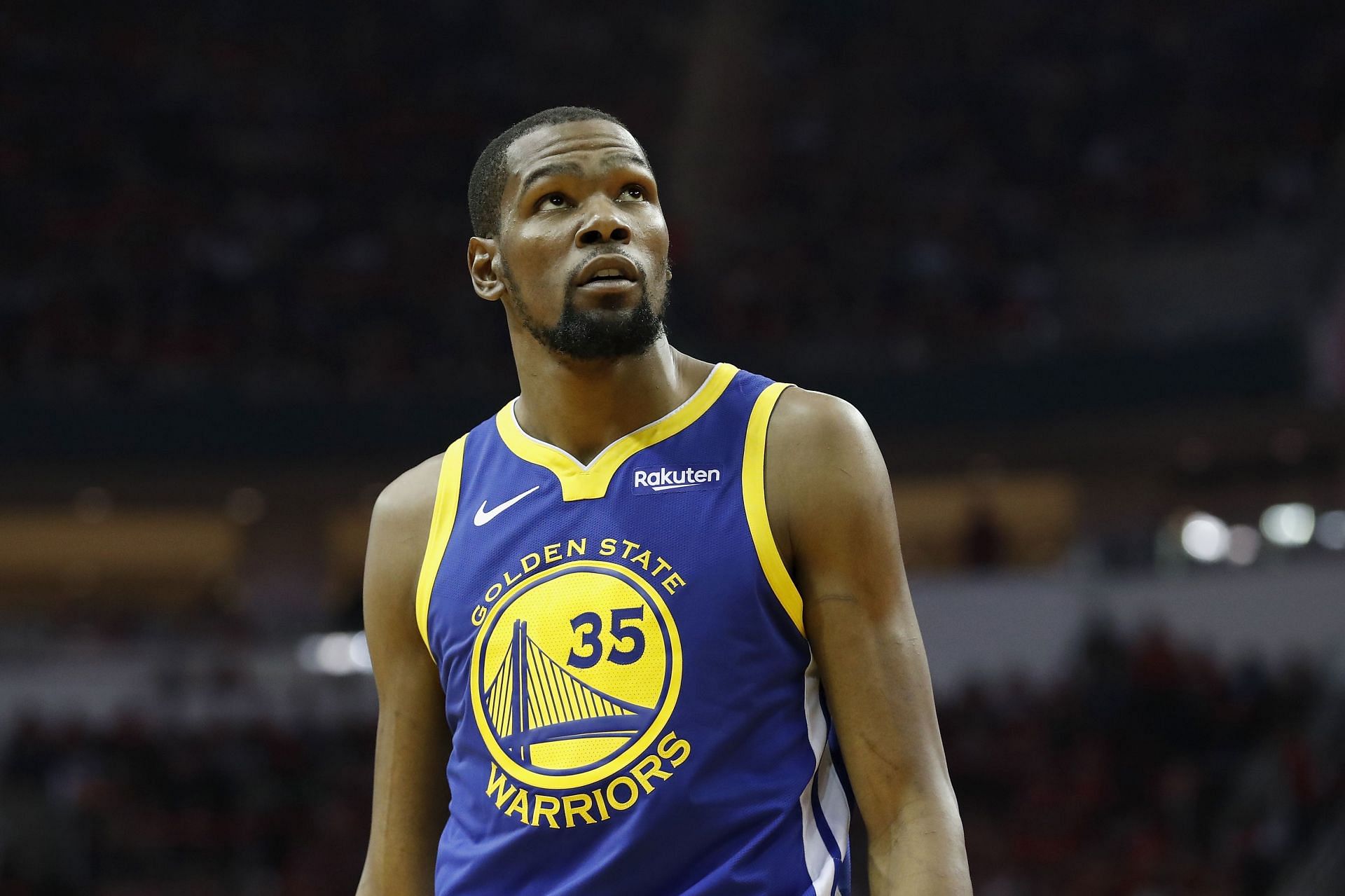 Kevin Durant of the Golden State Warriors looks toward the scoreboard in the second quarter during Game 3 of the 2019 Western Conference semifinals against the Houston Rockets on May 4, 2019, in Houston, Texas.