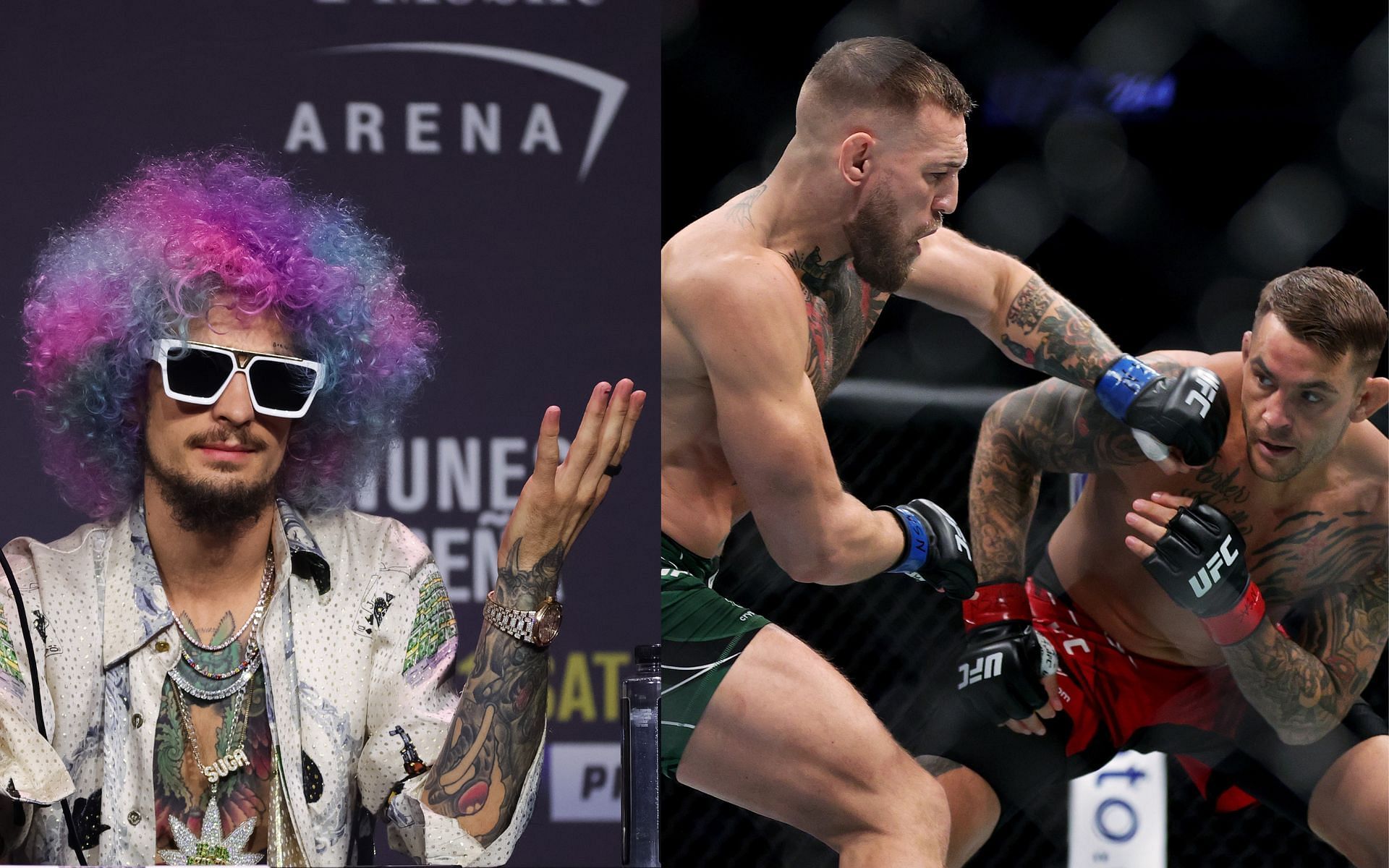Sean O&#039;Malley (left) and Conor McGregor and Dustin Poirier (right)