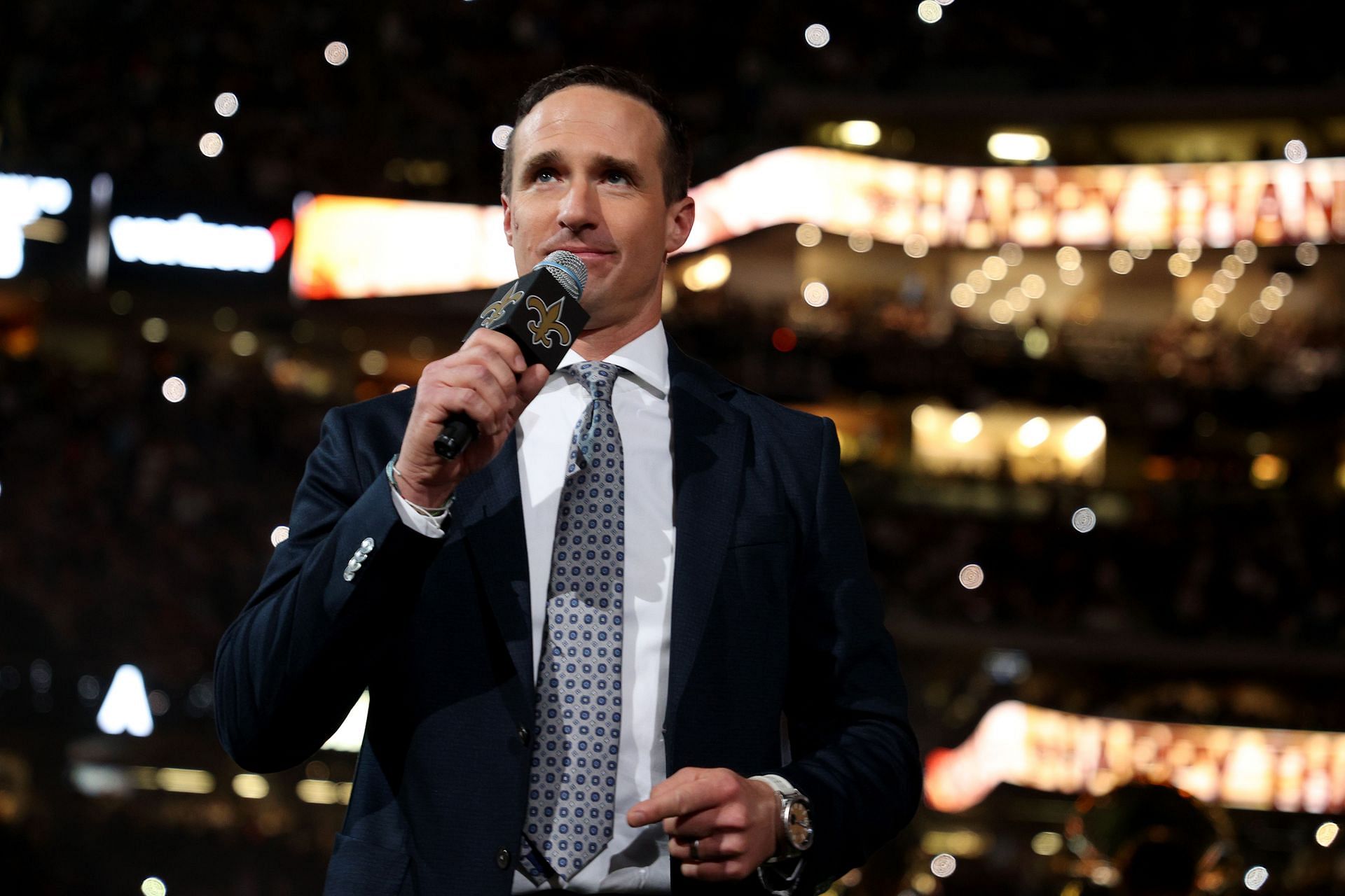 Drew Brees during a presentation by the New Orleans Saints