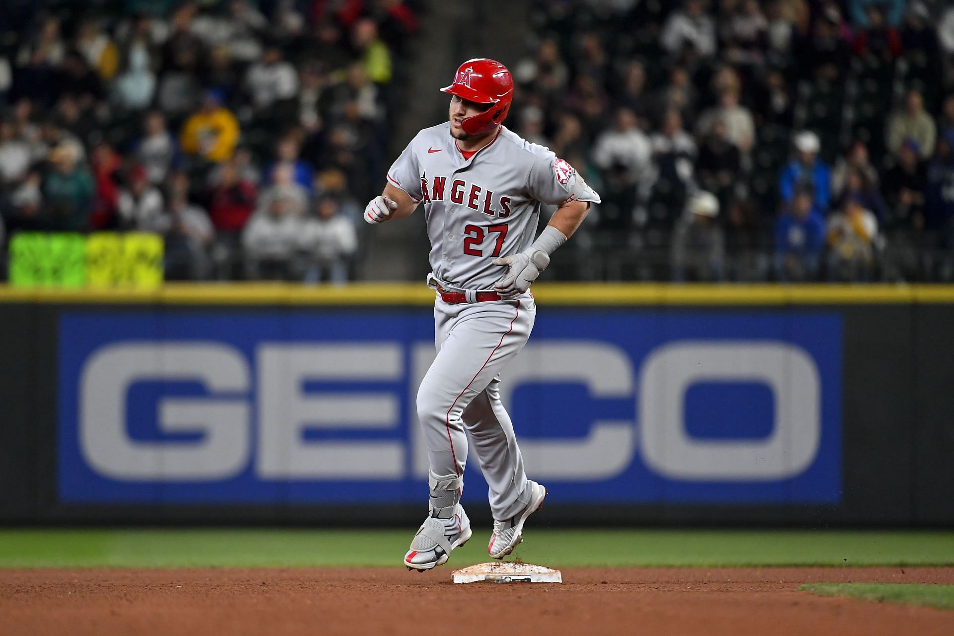 Trout rounds the bases during a Los Angeles Angels v Seattle Mariners game.