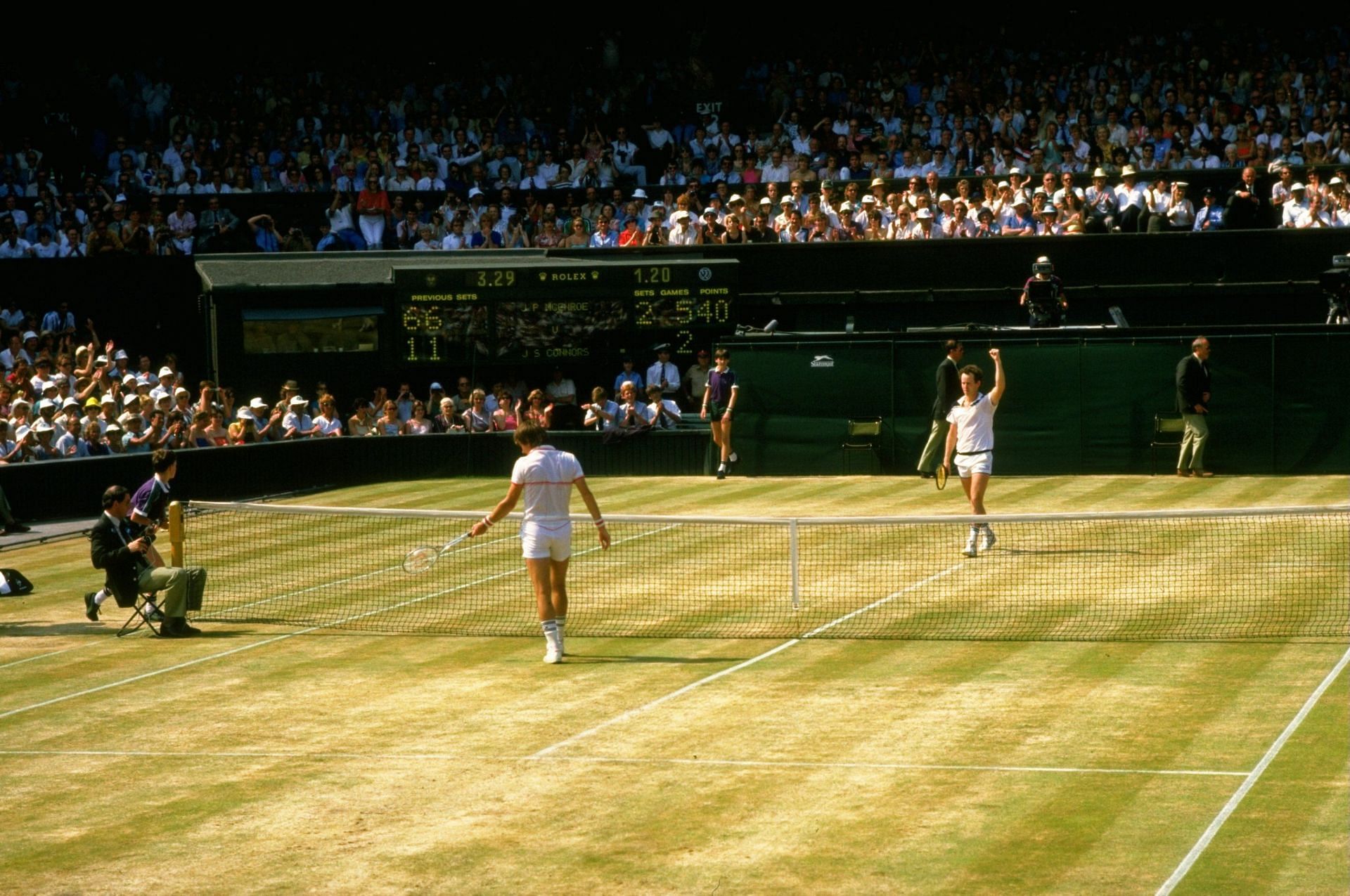 John McEnroe celebrates after winning the 1984 Wimbledon Final verus Jimmy Connors