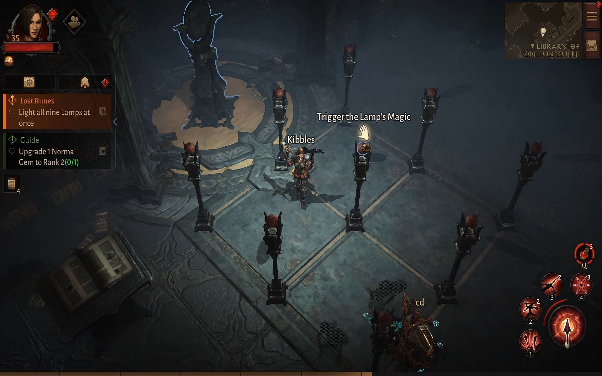 The lamp puzzle in Diablo Immortal&#039;s Lost Runes (Image via Kibbles/YouTube)