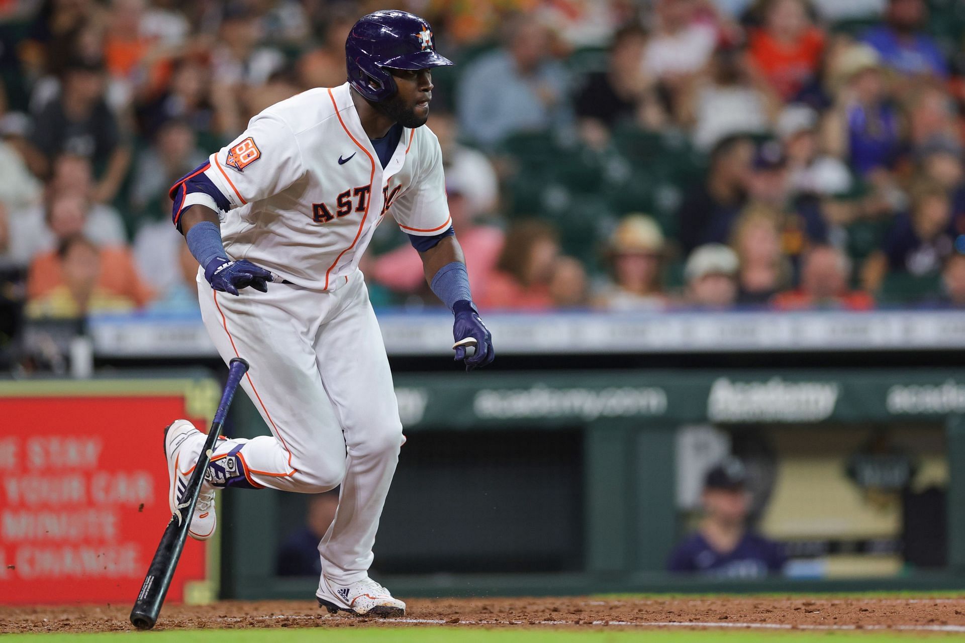 Cuban Yordan Alvarez gets a hit for the Houston Astros in a game against the Seattle Mariners.