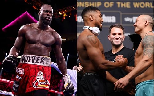 Deontay Wilder (L) has offered his prediction for August's rematch between Oleksandr Usyk and Anthony Joshua (R).