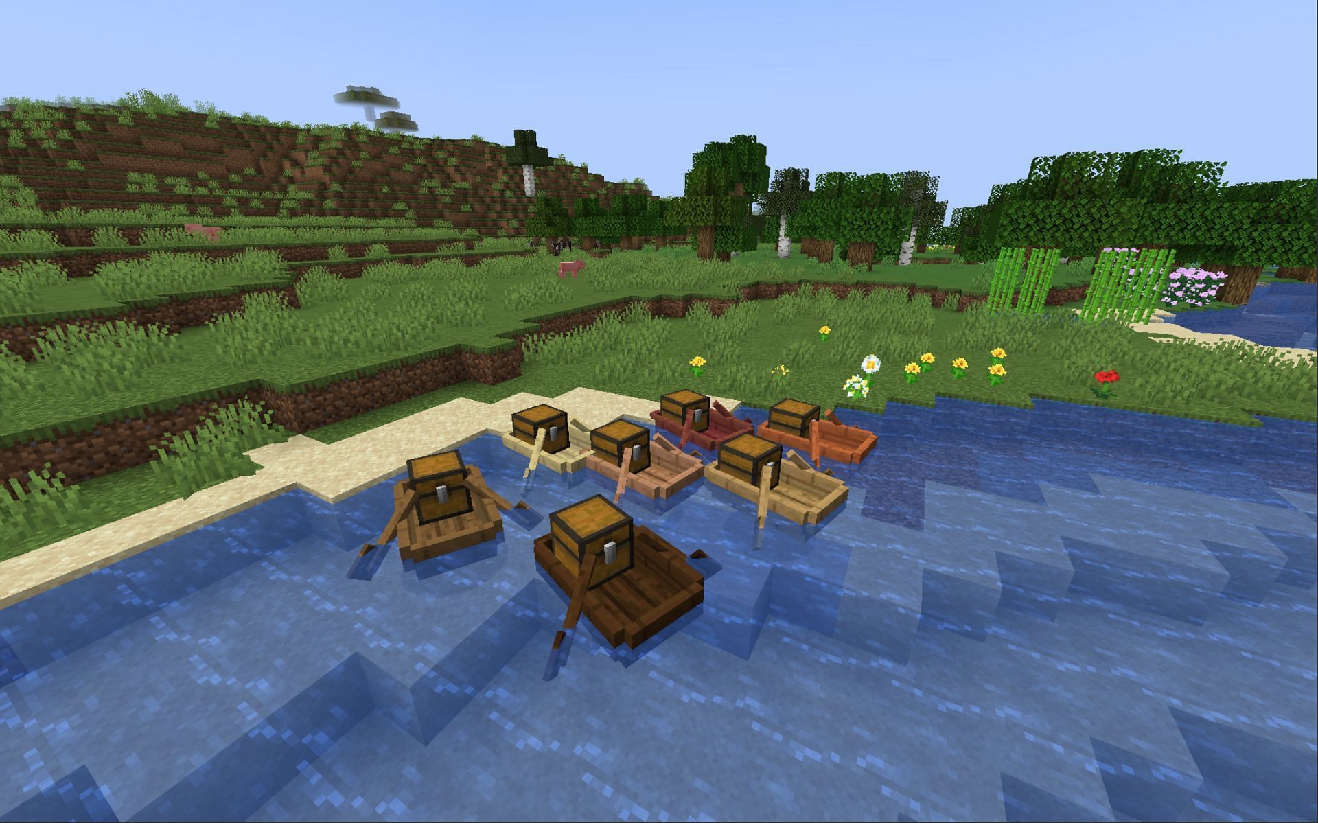 A harbor for boats with chests (Image via Minecraft)