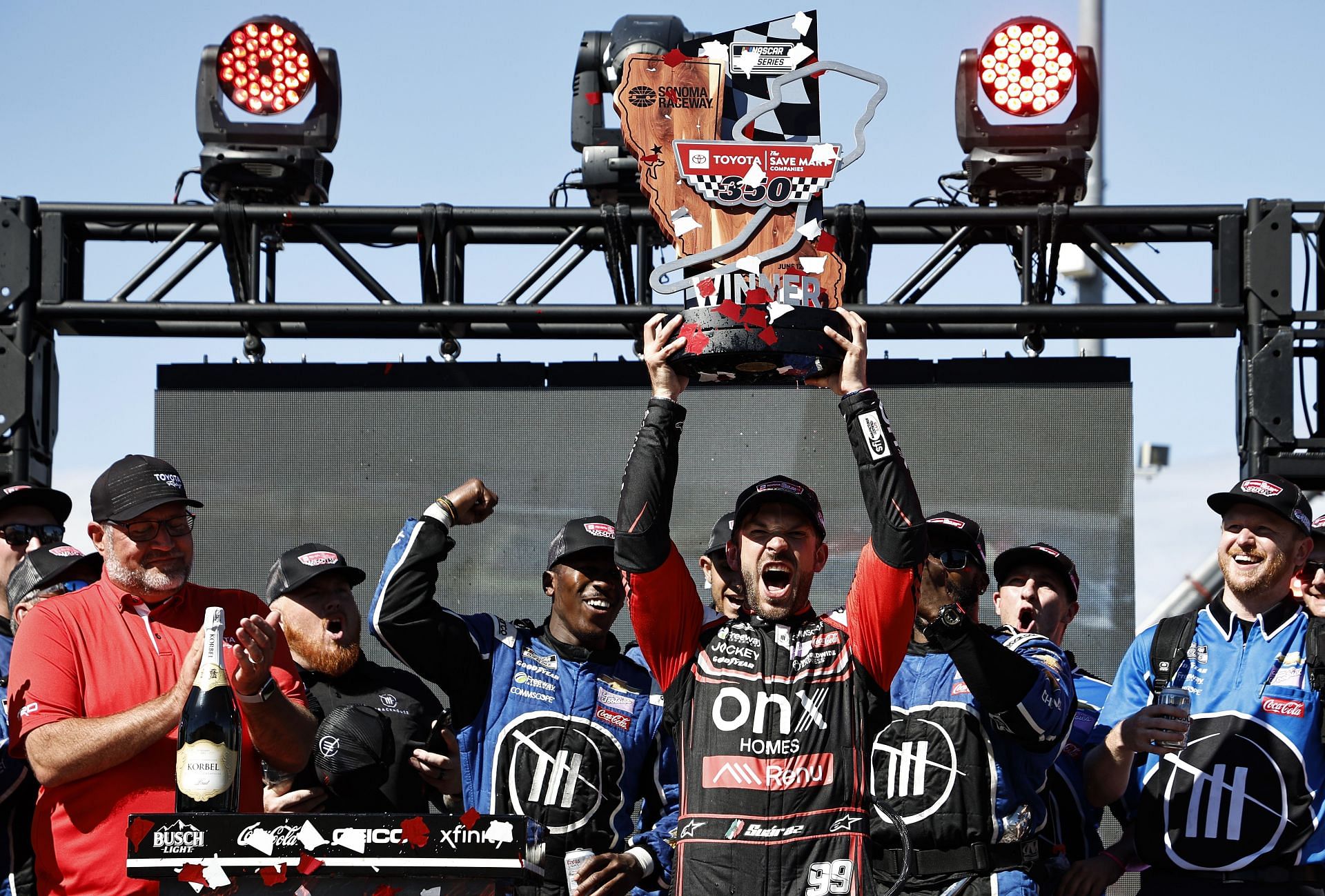 Daniel Suarez celebrates in victory lane after winning the NASCAR Cup Series Toyota/Save Mart 350 at Sonoma Raceway (Photo by Chris Graythen/Getty Images)