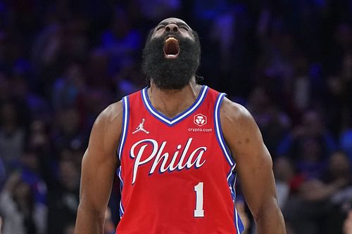 James Harden of the Philadelphia 76ers reacts against the Miami Heat during Game 4 of the 2022 Eastern Conference semifinals on May 8 in Philadelphia, Pennsylvania.