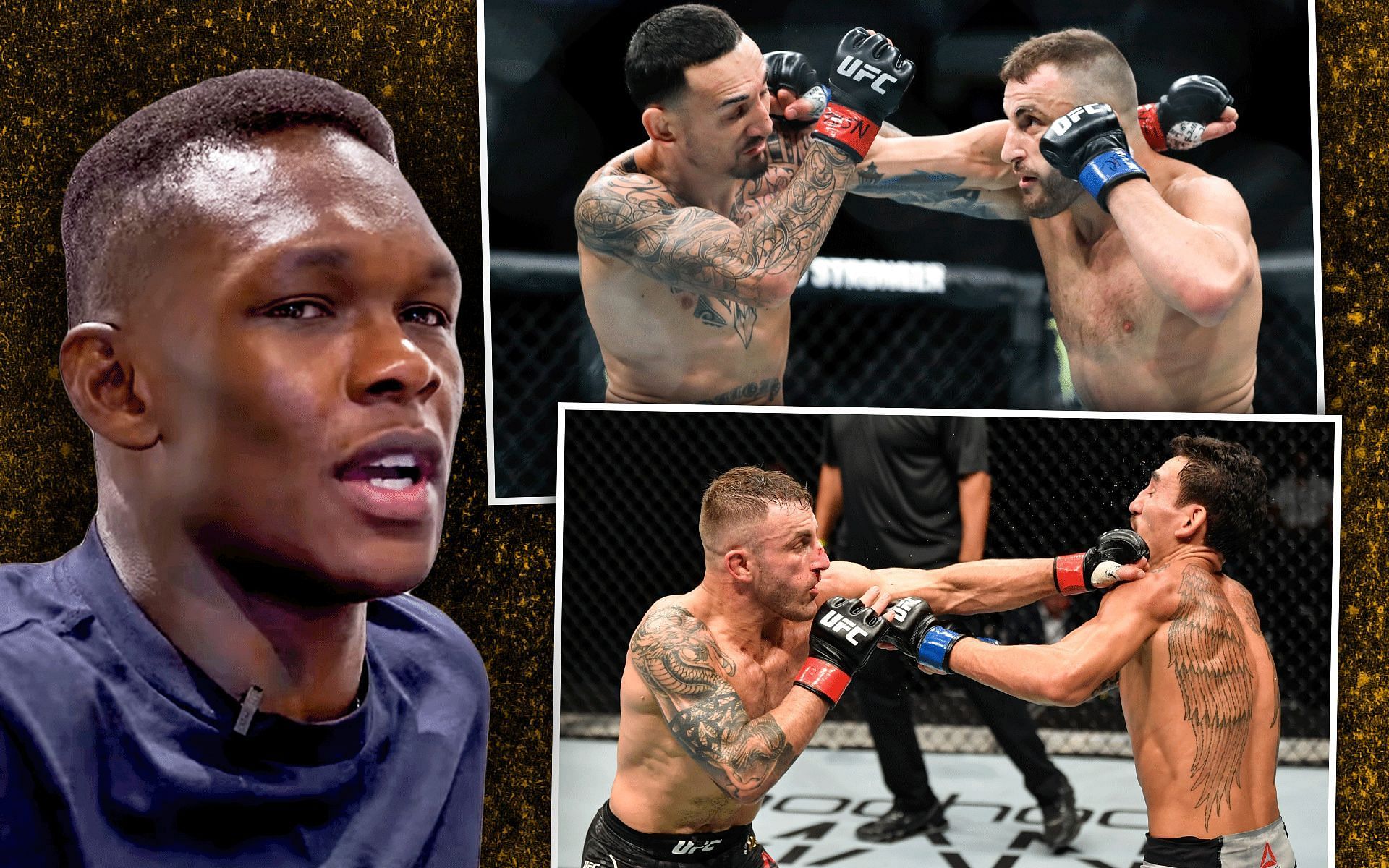 From left to right: Israel Adesanya, Alexander Volkanovski, Max Holloway [Image Courtesy: @FREESTYLEBENDER on YouTube and Getty]