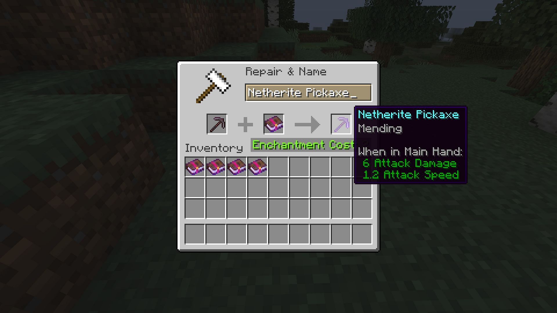 Mending enchanted book applied on a Netherite pickaxe (Image via Minecraft 1.19)