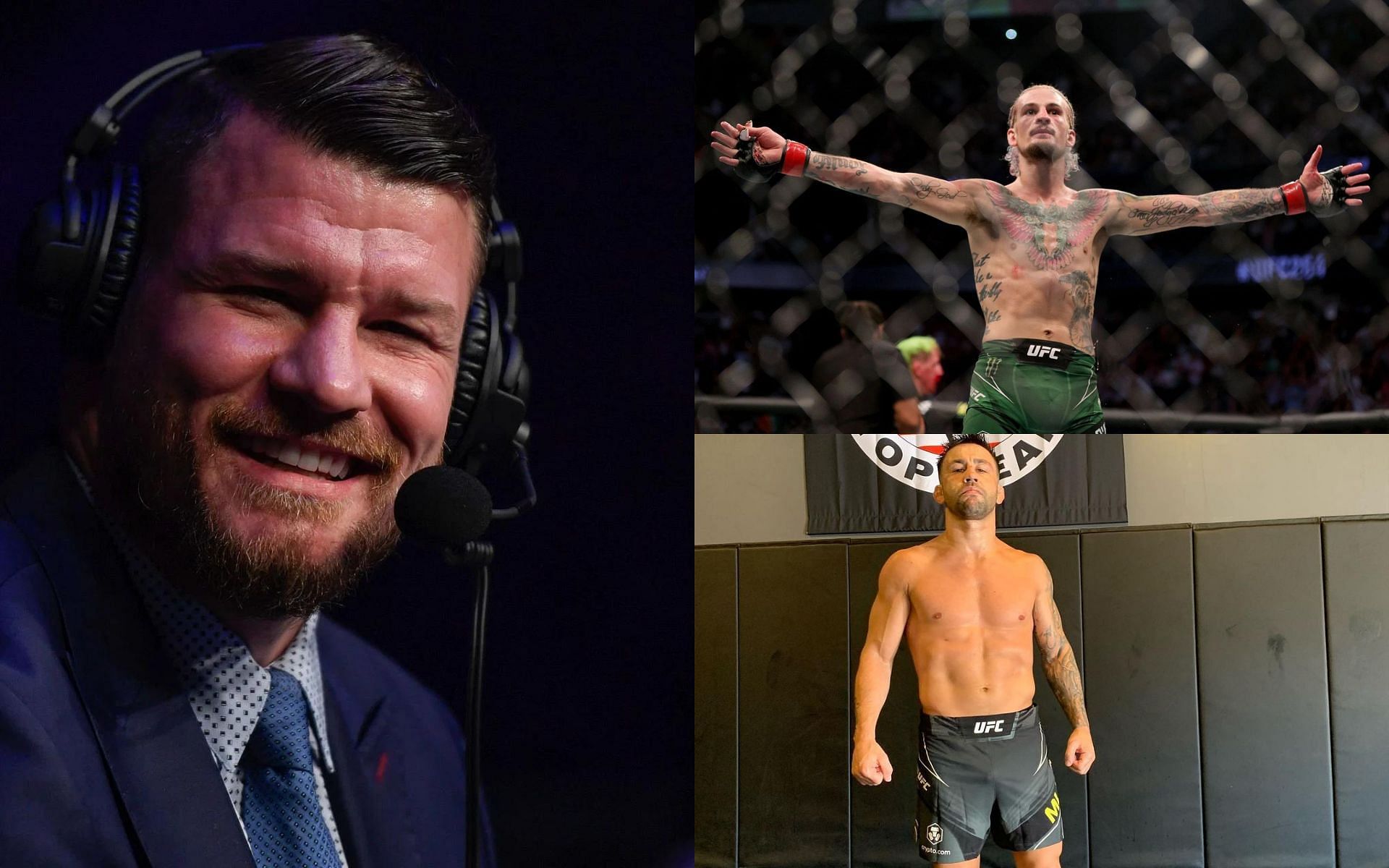 Michael Bisping (left), Sean O&#039;Malley (top right), and Pedro Munhoz (bottom right) [Images courtesy of Getty and @pedromunhozmma Instagram]