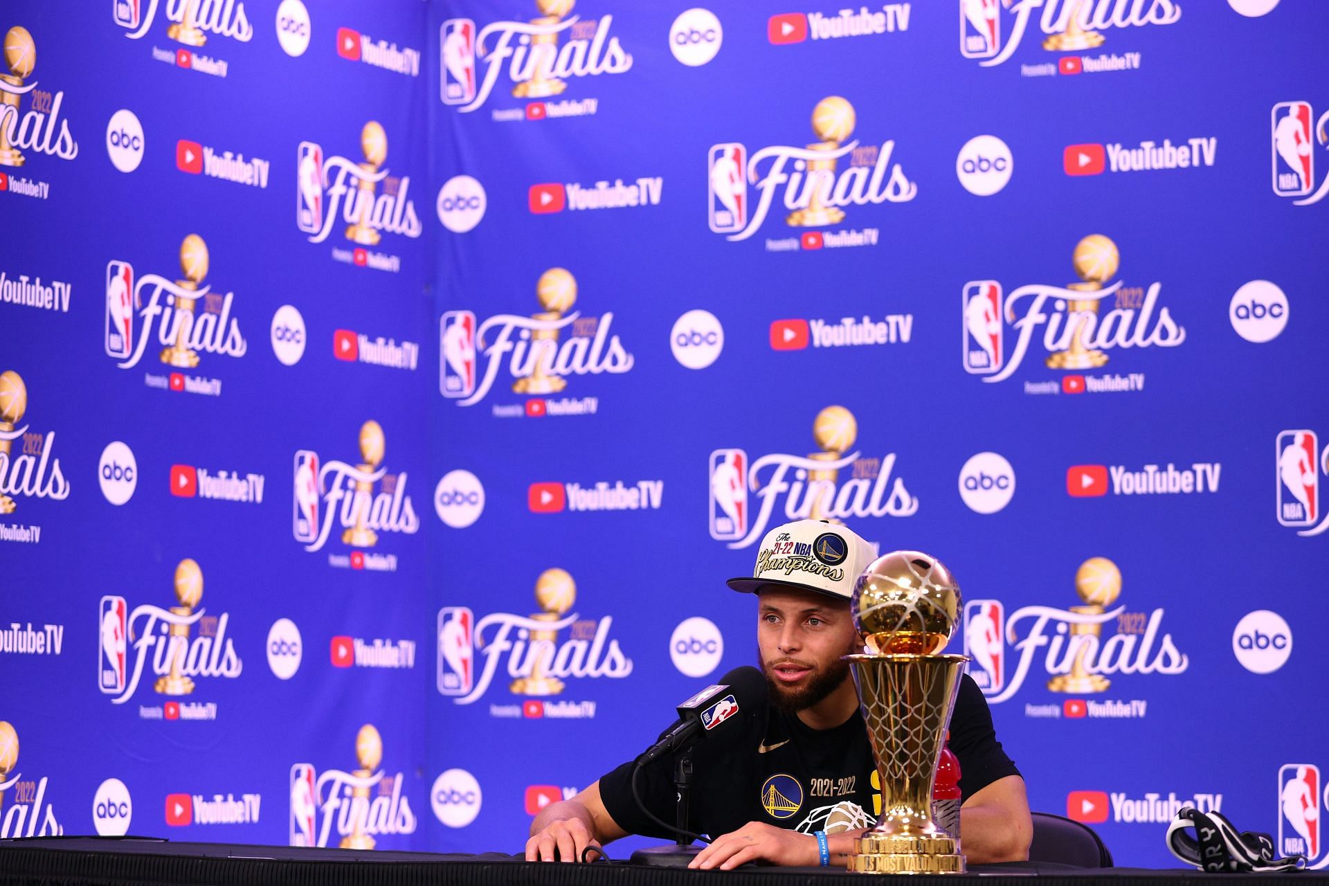 Steph Curry with his Finals MVP trophy.