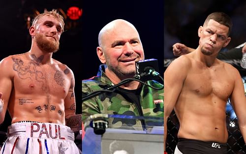 Jake Paul (left), Dana White (center), and Nate Diaz (right) (Images via Getty)