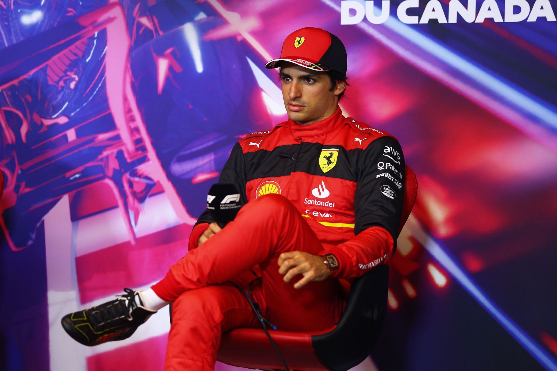 Ferrari driver Carlos Sainz speaks to the media after qualifying in P3 for the 2022 F1 Canadian GP. (Photo by Lars Baron/Getty Images)