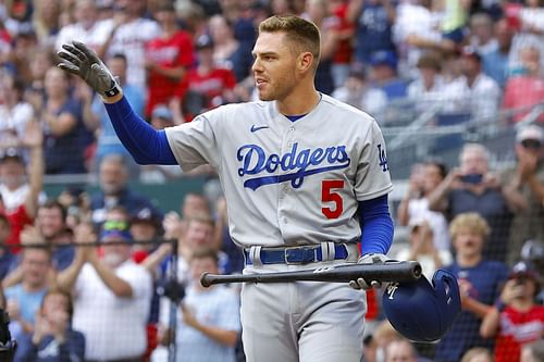 Los Angeles Dodgers first baseman Freddie Freeman acknowledges the crowd at Truist Park.