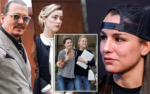 Johnny Depp (far left), Amber Heard (left), Heard & friend (inset), Raquel Pennington (right) [Images courtesy of Law & Crime Network on YouTube, People.com (Original Credit BREWER/MCMANUS/SPLASH NEWS ONLINE)]