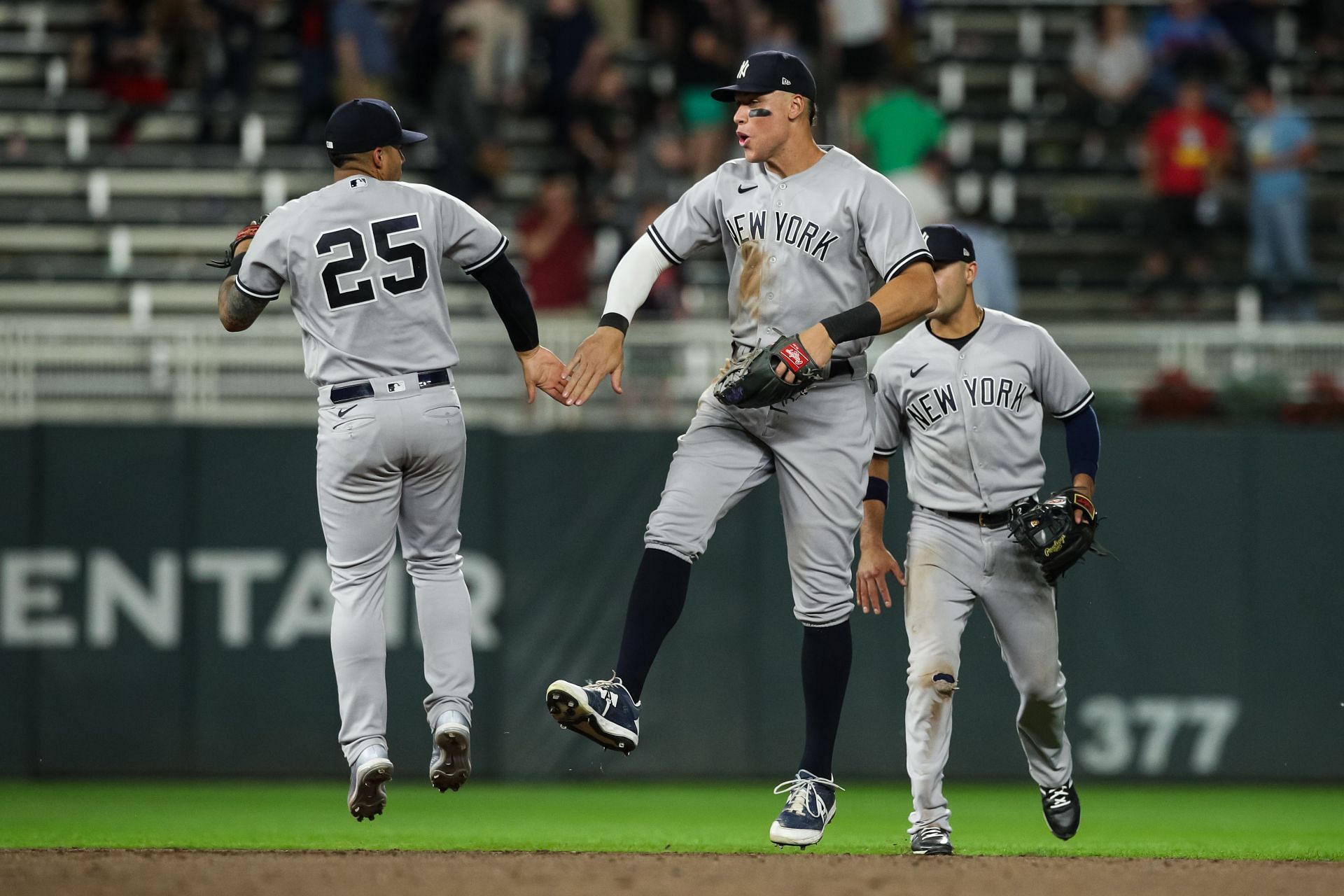 New York Yankees celebrate in game against the Minnesota Twins.