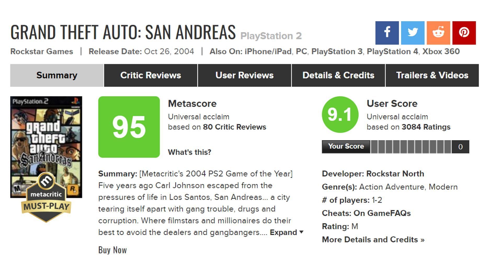 GTA San Andreas was highly rated at the time (Image via Metacritic)
