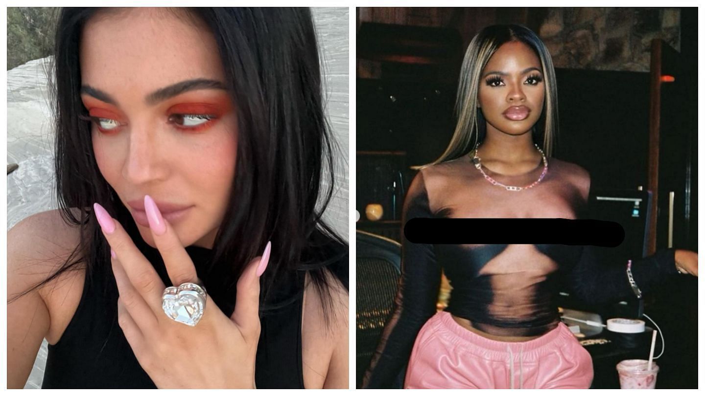 Kylie Jenner wore a bikini top from the Jean Paul Gautier &quot;N*ked&quot; collection (Image via @kyliejenner and @jeanpaulgautier/Instagram)