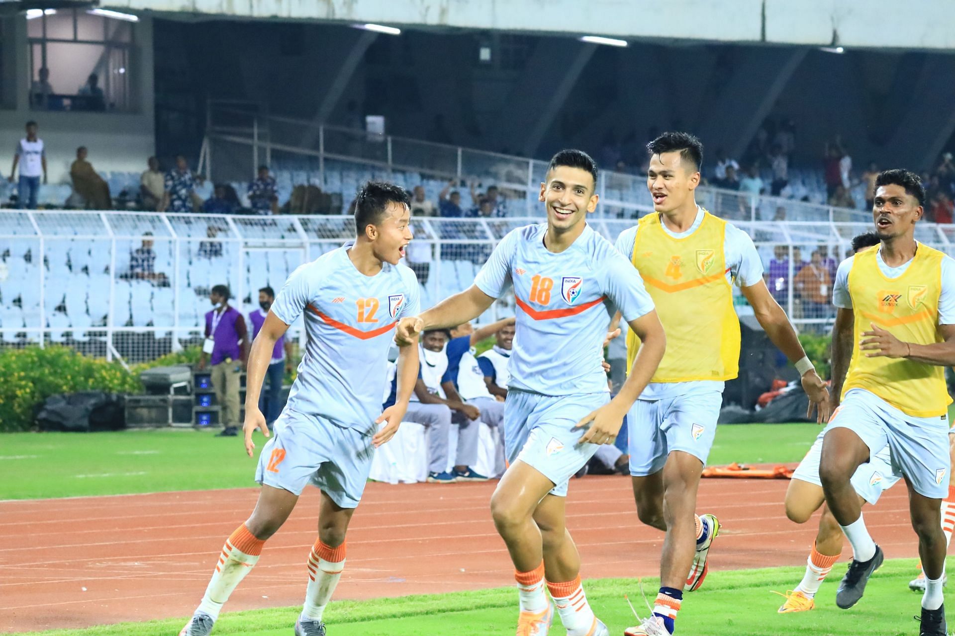 Blue Tigers&#039; Sahal Abdul Samad celebrating his late winner against Afghanistan in the AFC Asian Cup 2023 Qualifiers (Image Courtesy: AIFF Media)