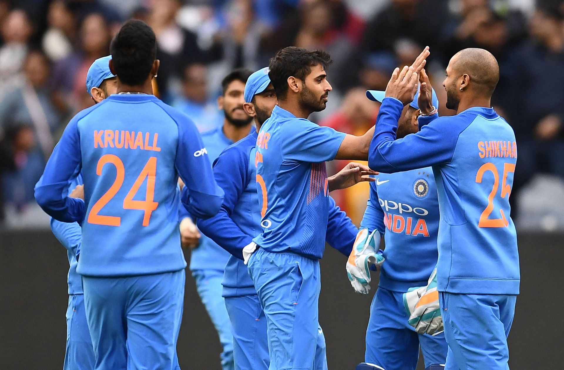 Bhuvneshwar Kumar celebrates a wicket with teammates. Pic: Getty Images