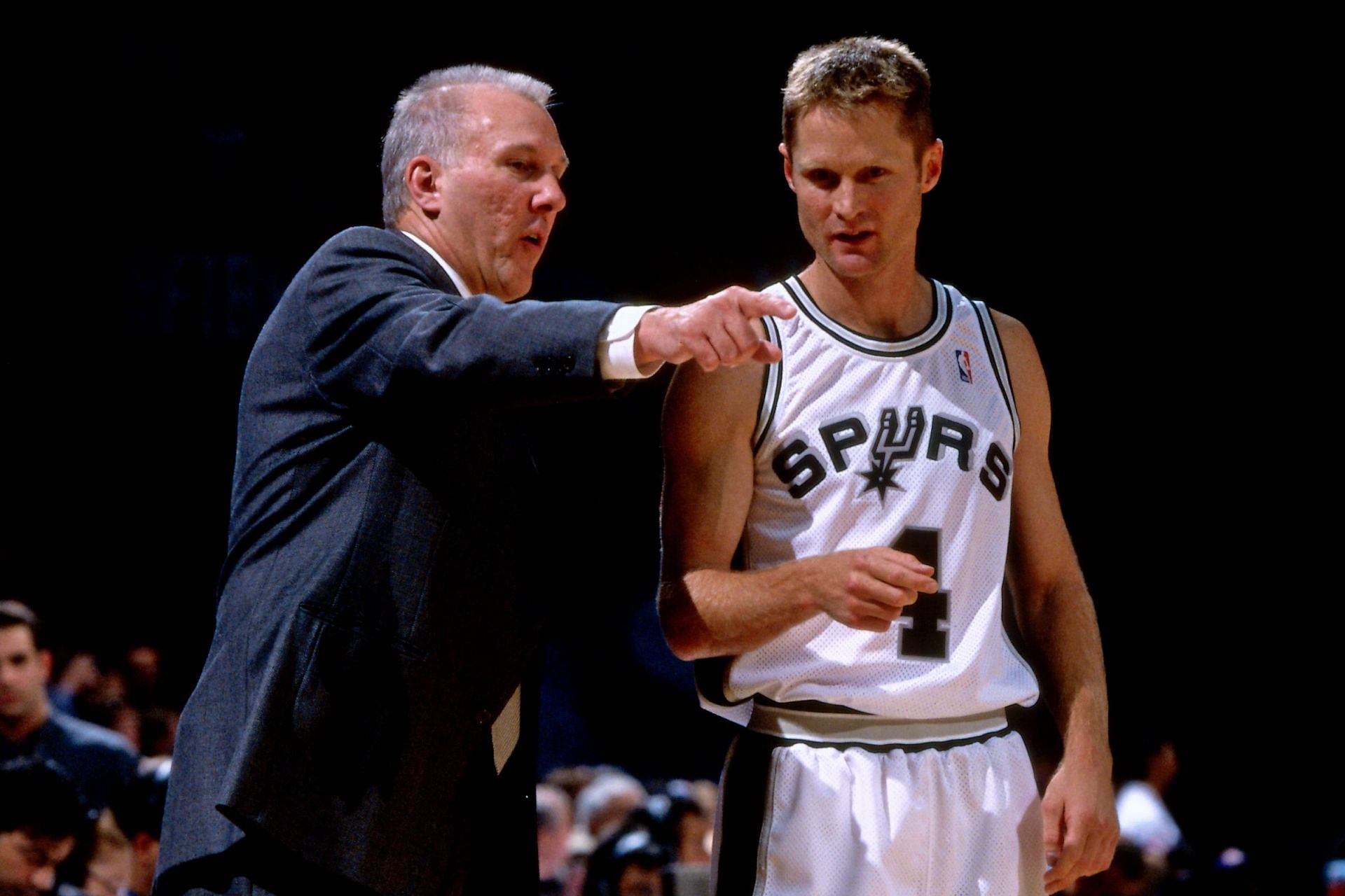 Some of Steve Kerr&#039;s coaching principles were developed under San Antonio Spurs head coach Gregg Popovich. [Photo: Bleacher Report]