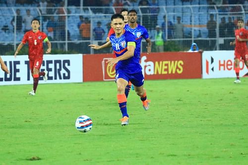 Sunil Chhetri en route to scoring his 84th goal for India. Image: AIFF Media