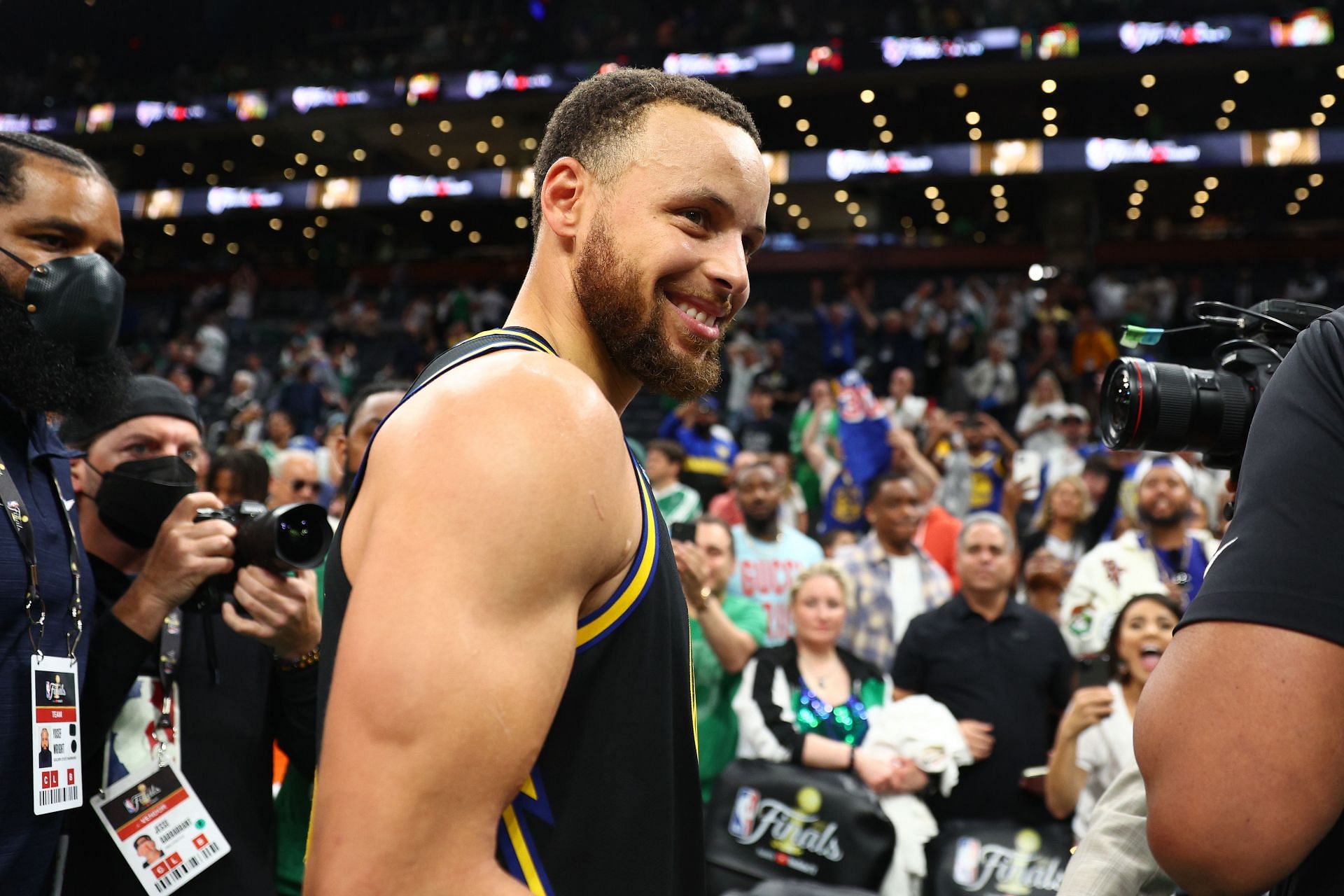 Steph Curry #30 of the Golden State Warriors celebrates the 107-97 win against the Boston Celtics after Game Four of the 2022 NBA Finals at TD Garden on June 10, 2022 in Boston, Massachusetts.