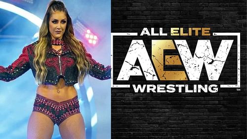 Britt Baker (left); All Elite Wrestling logo (right)