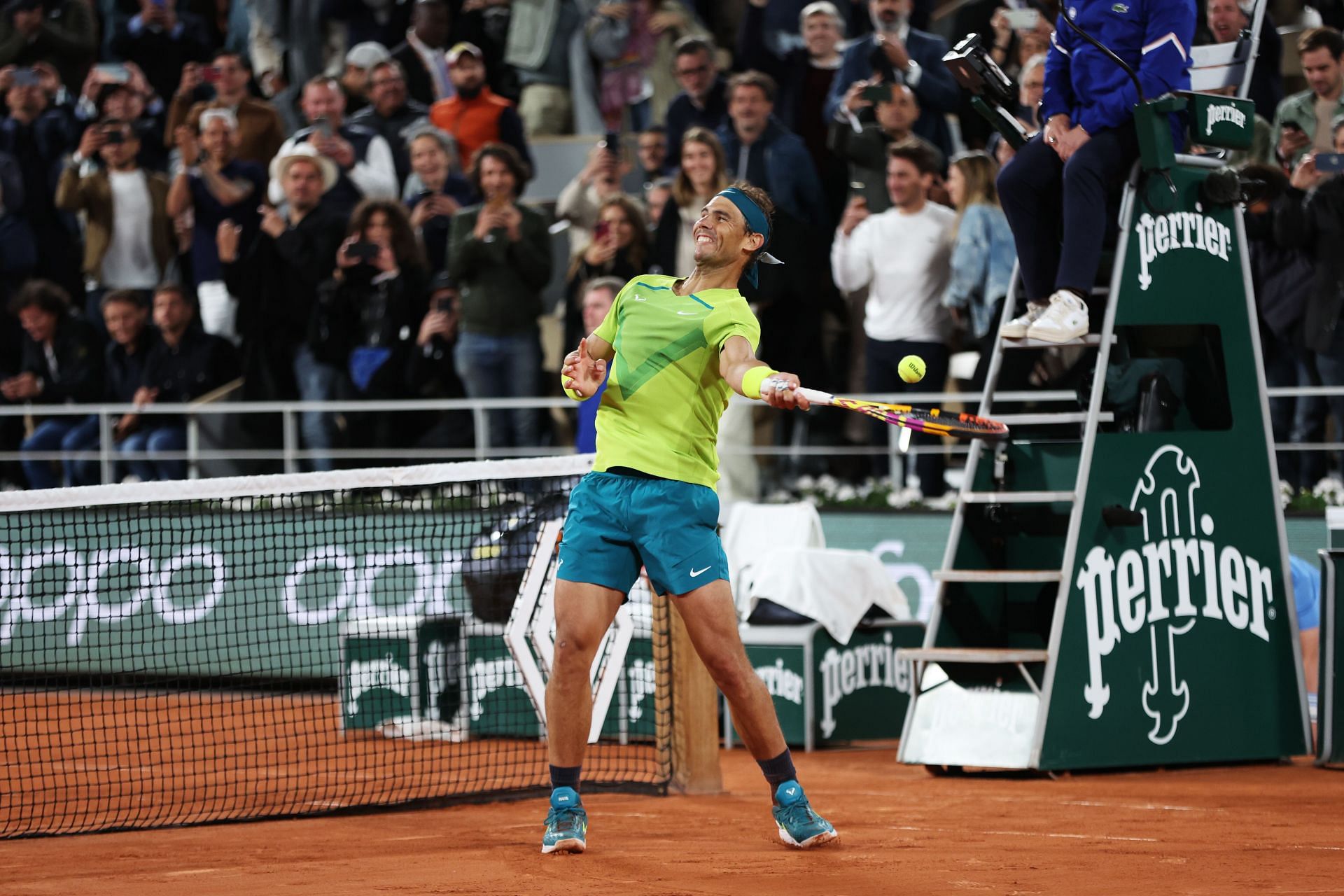 Rafael Nadal celebrates victory against Novak Djokovic in the quarterfinals of the French Open