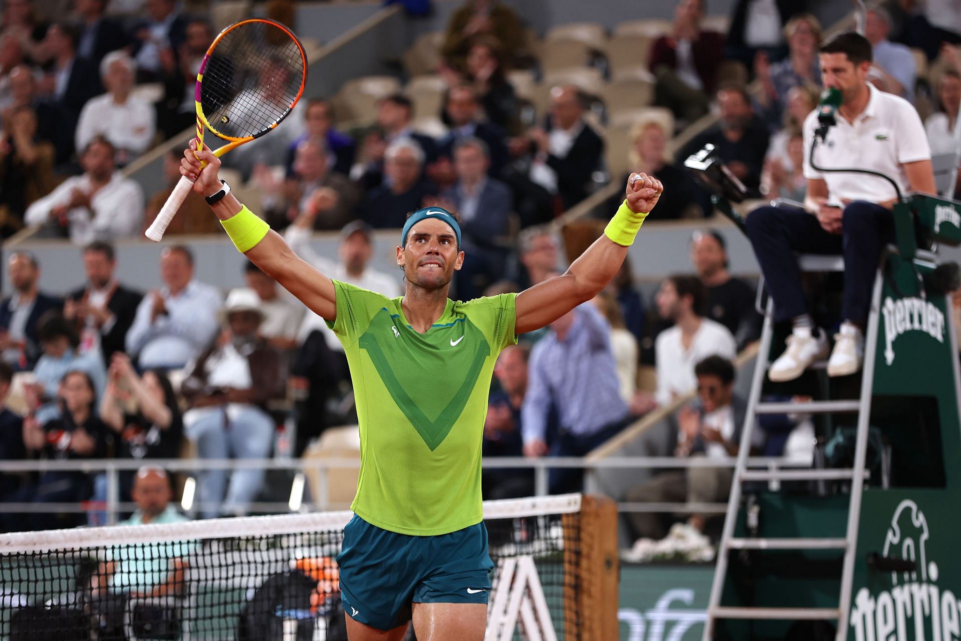Rafael Nadal celebrates a win at the 2022 French Open