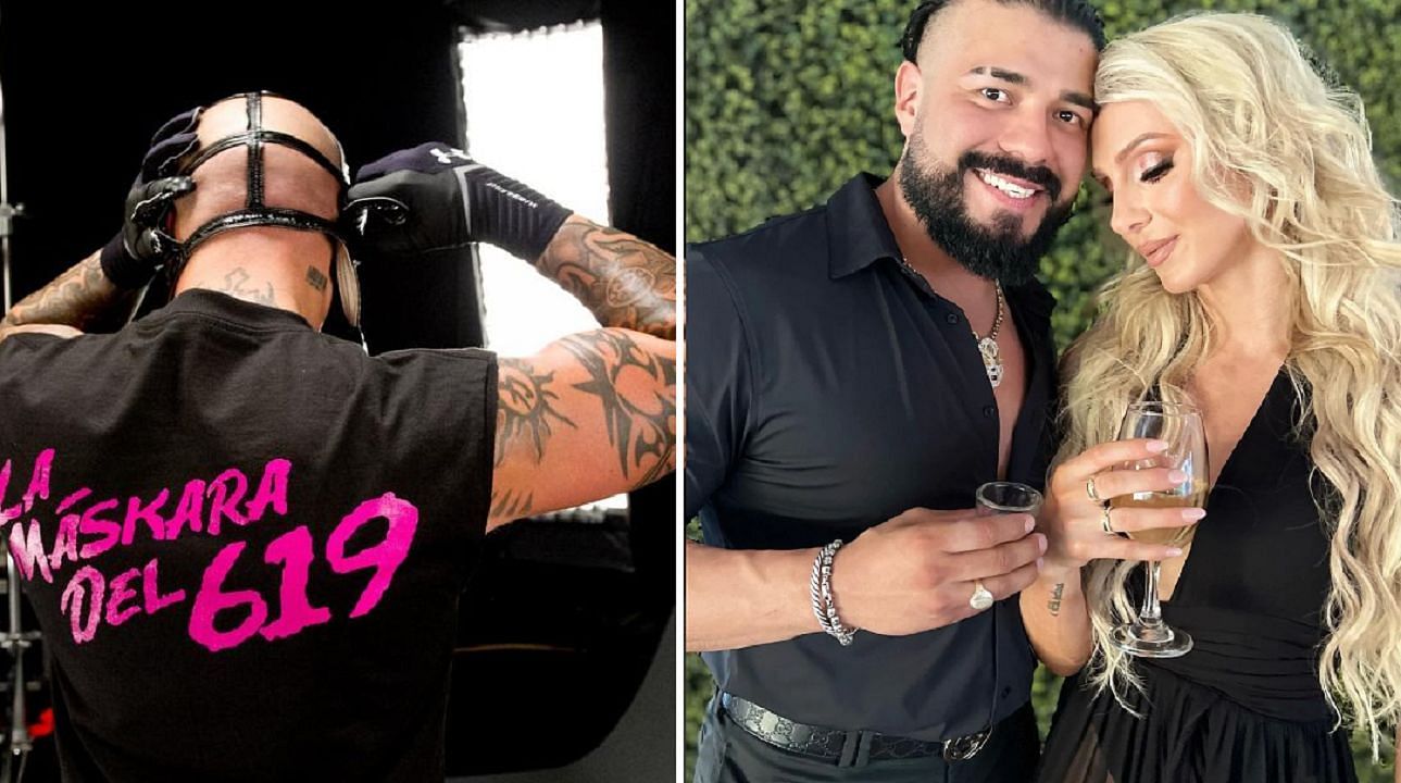 Rey Mysterio backstage in WWE (left); Andrade and Charlotte Flair (right)