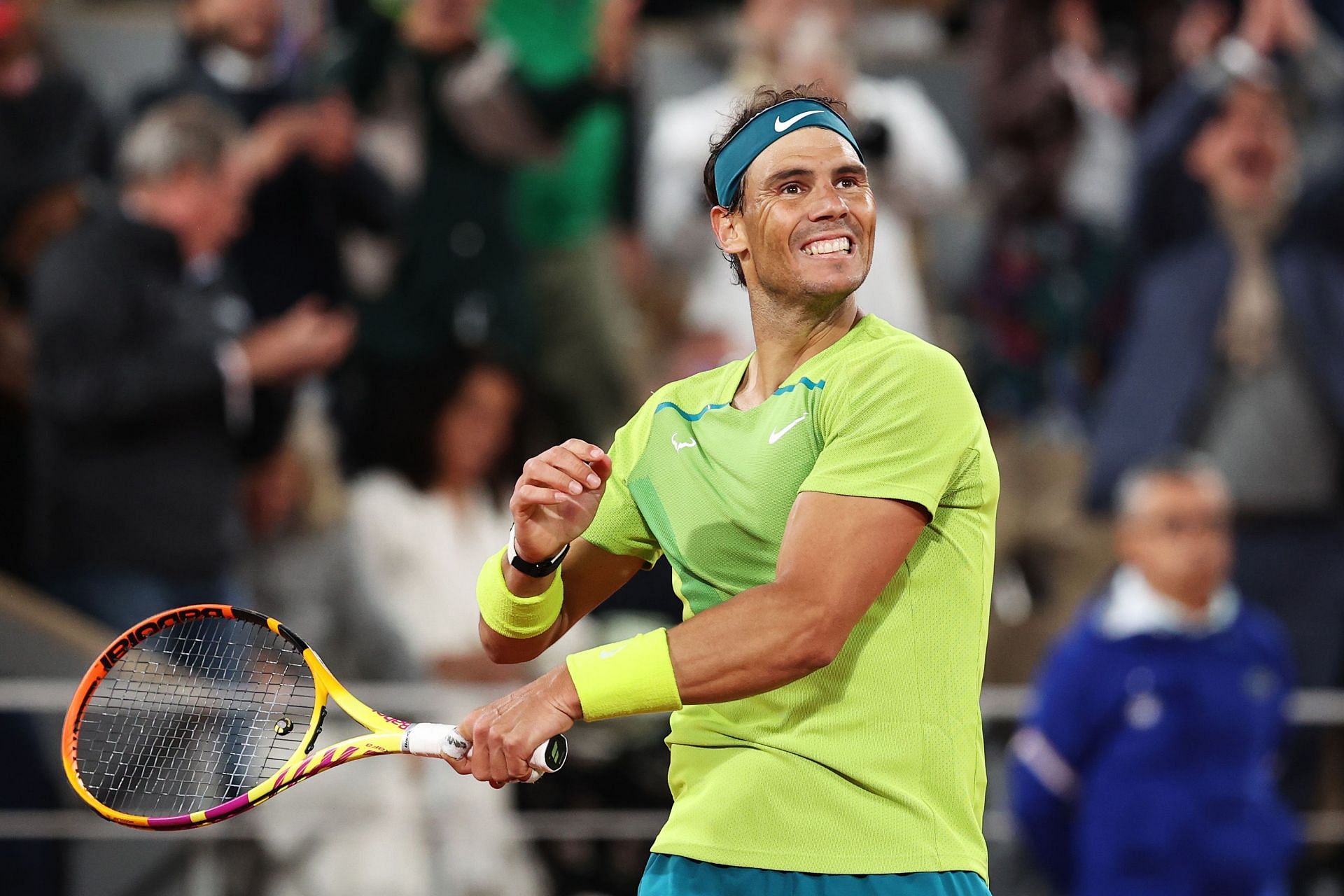 Rafael Nadal celebrates his quarterfinal win over Novak Djokovic at the 2022 French Open