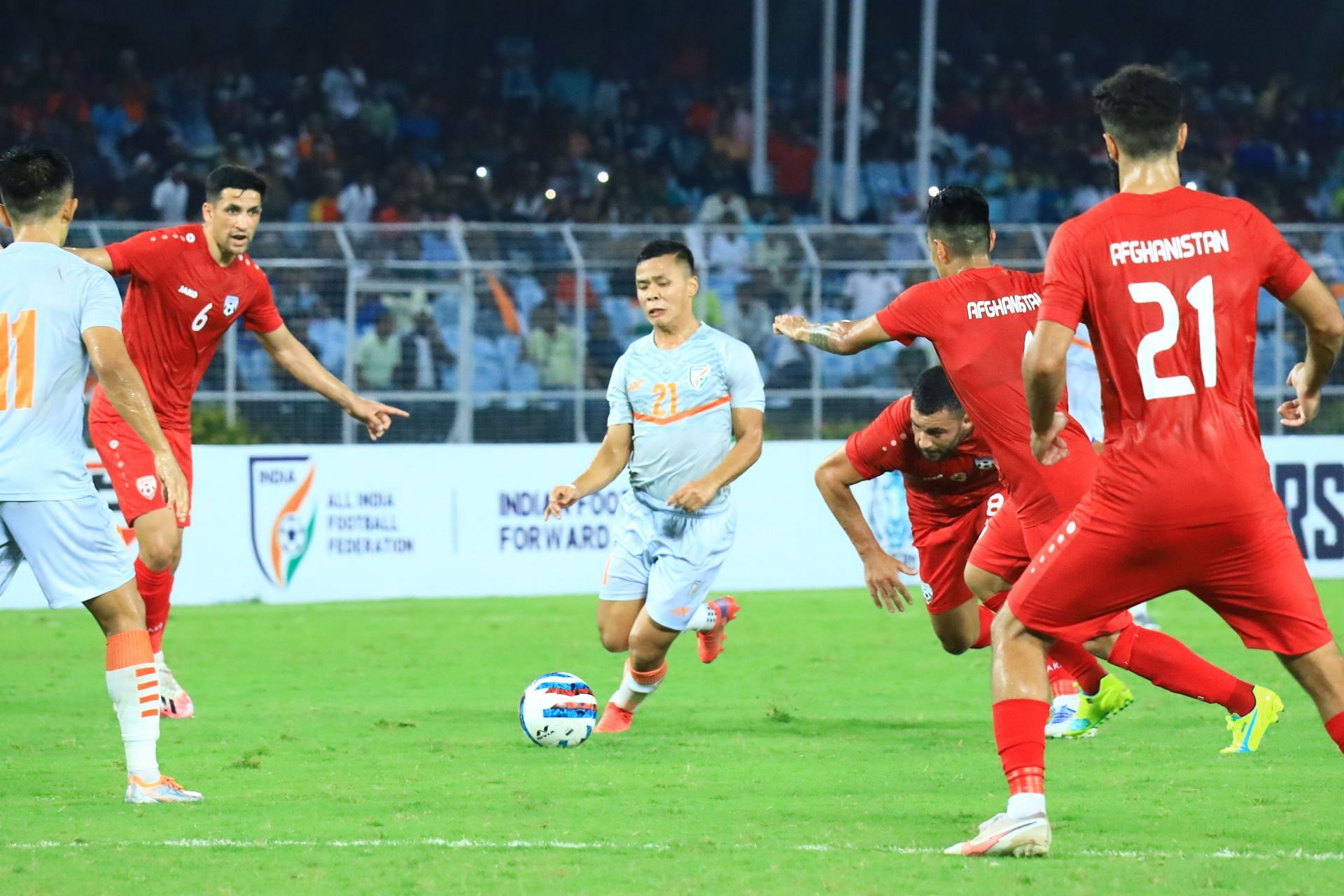 India&#039;s Suresh Wangjam in action against Afghanistan in the AFC Asian Cup 2023 Qualifiers (Image Courtesy: AIFF Media)