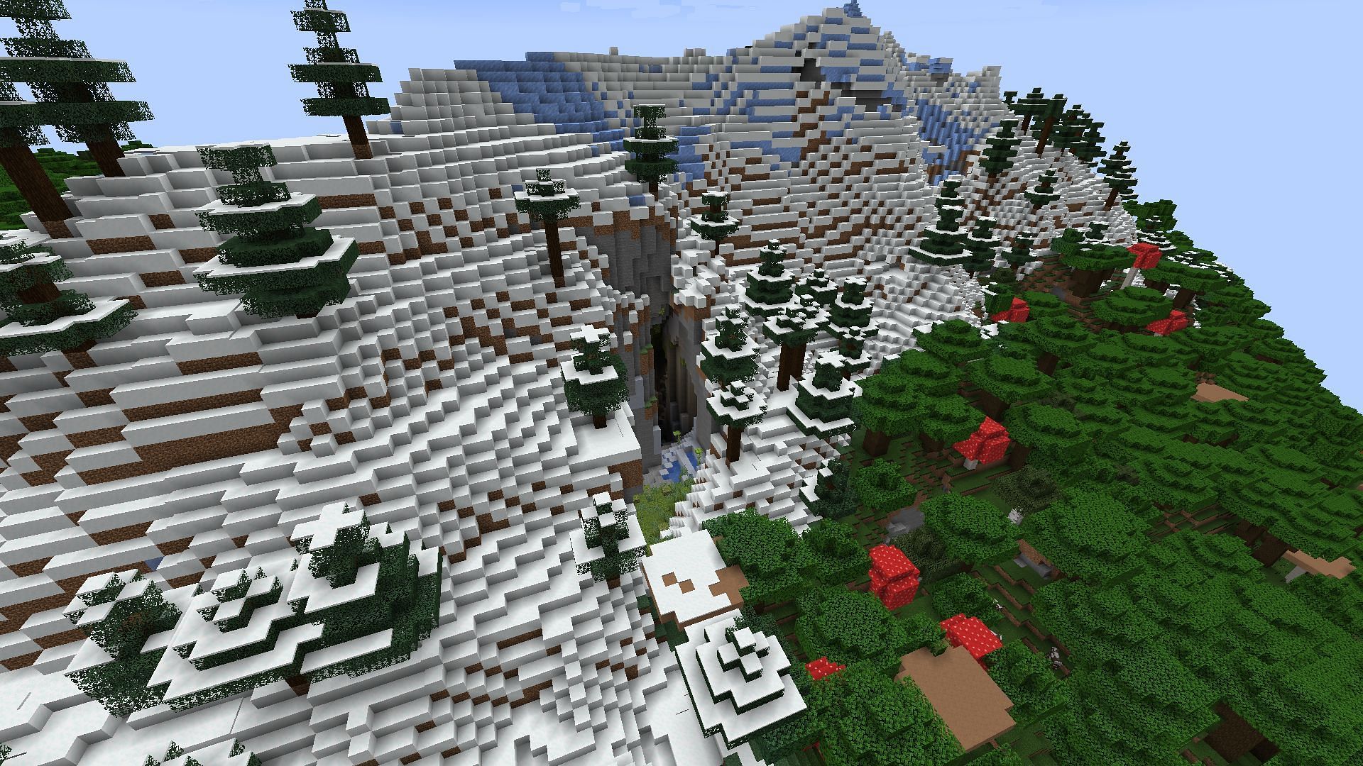 The snowy mountain in the middle of the dark oak forest (Image via Minecraft)