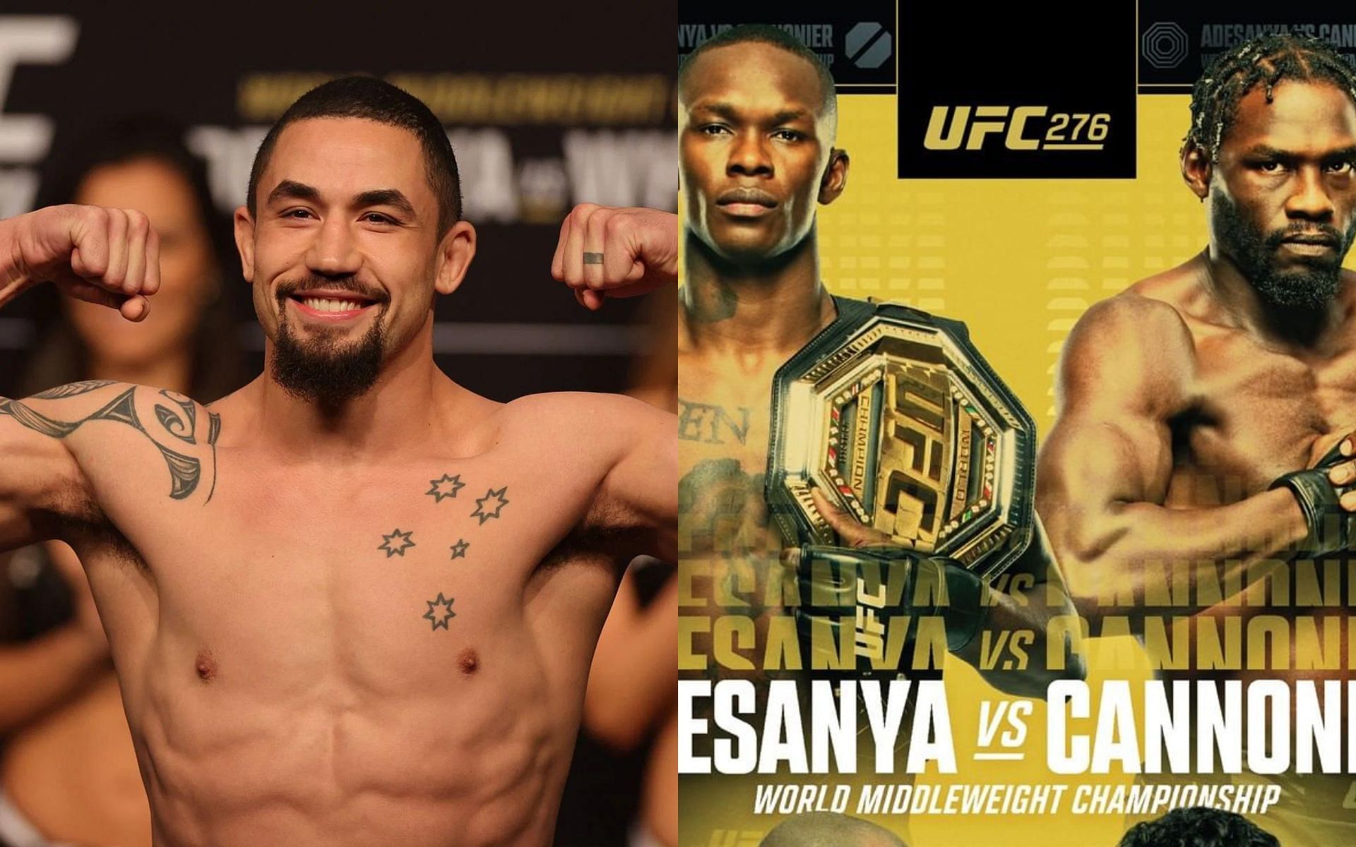 Robert Whittaker (left), Israel Adesanya vs. Jared Cannonier poster (right) [Images courtesy Getty and @ufc Instagram]