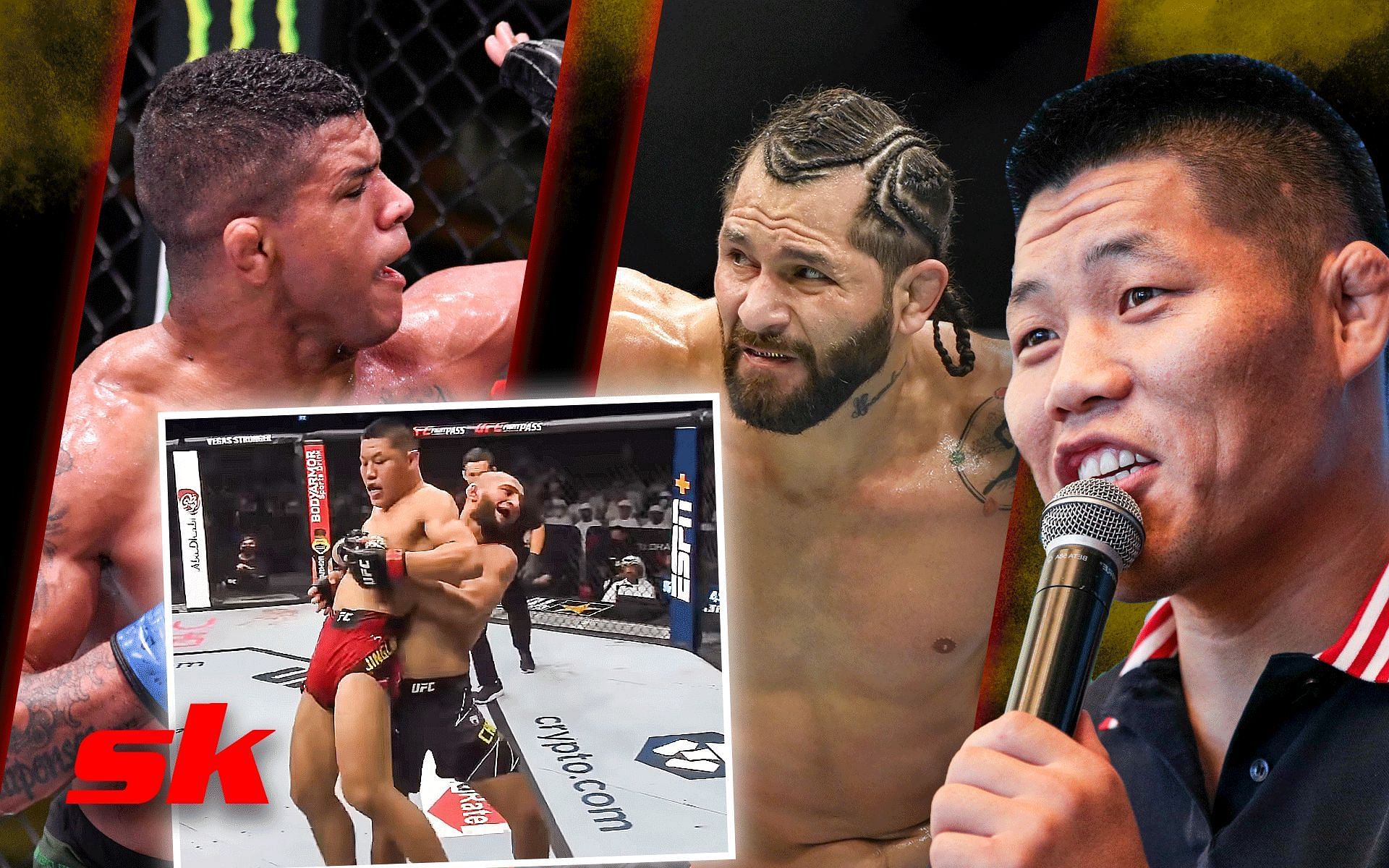 [Left to right] Gilbert Burns, Jorge Masvidal, Li Jingliang (Jingliang vs. Chimaev image via UFC on Youtube, rest via Getty)