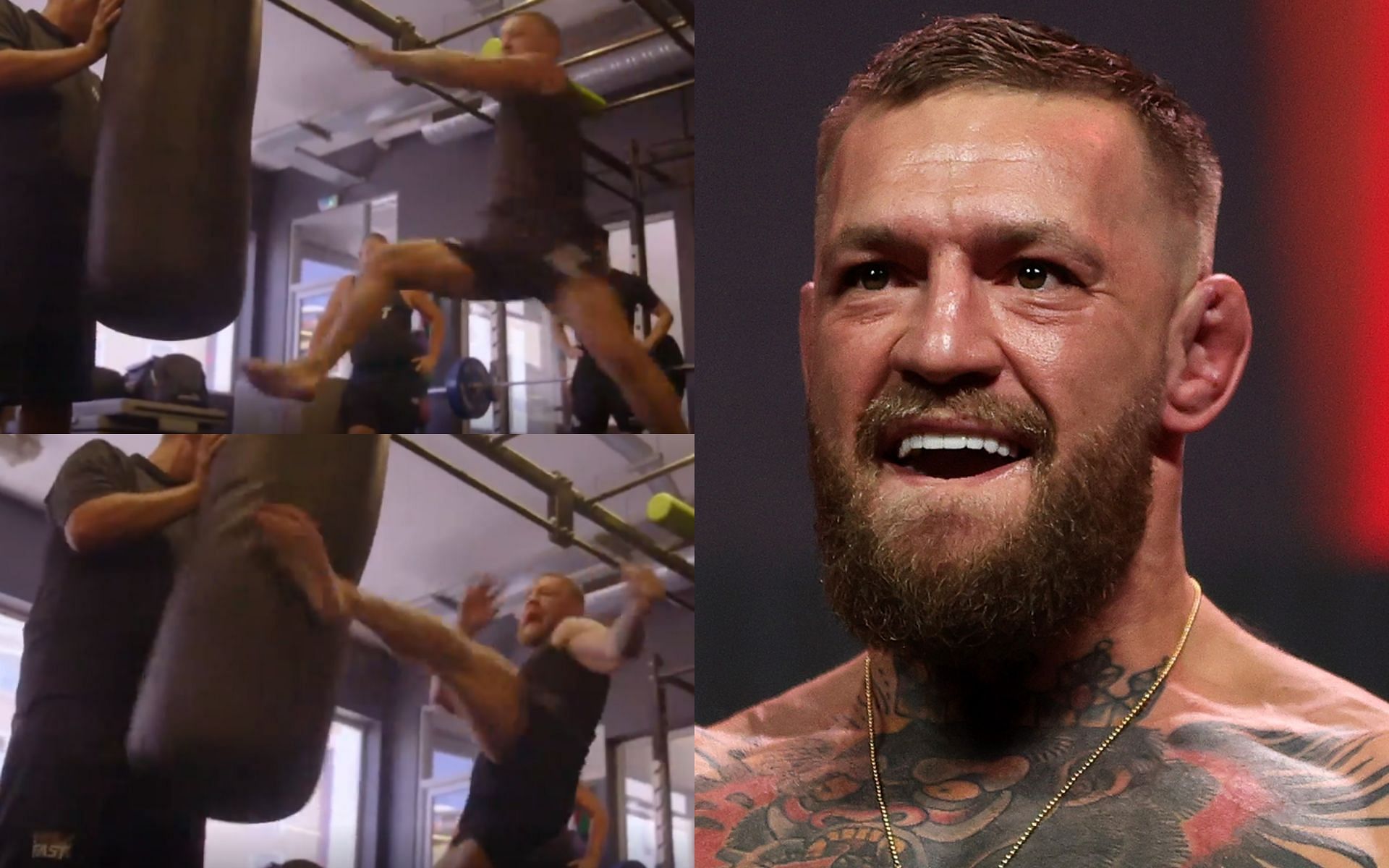 McGregor&#039;s kicking video (left, images courtesy of @thenotoriousmma Instagram); McGregor (right, image courtesy of Getty)
